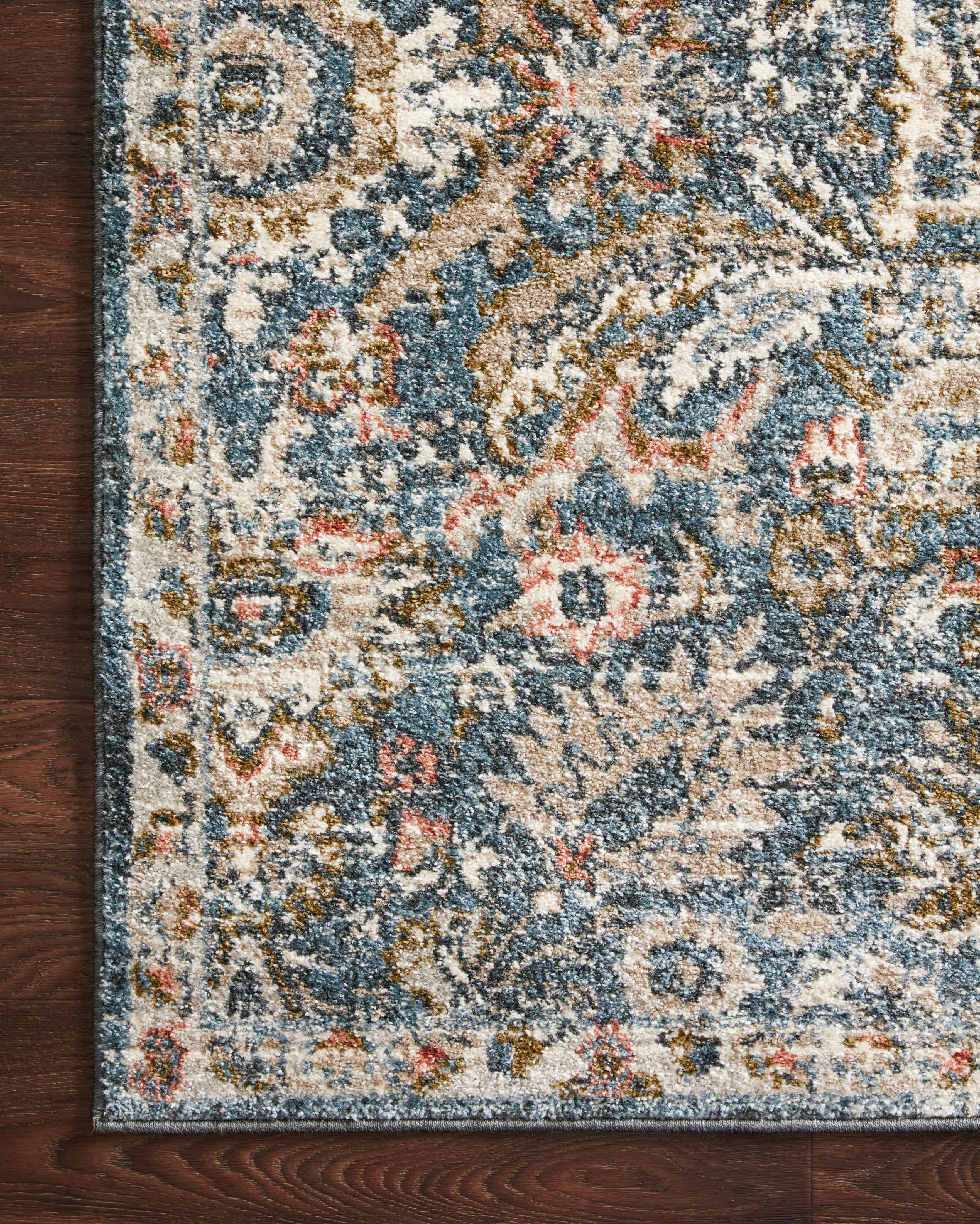 Saban SAB-04 blue and sand area rug with classic motifs, Turkish power-loomed polyester, stain-resistant and non-shedding
