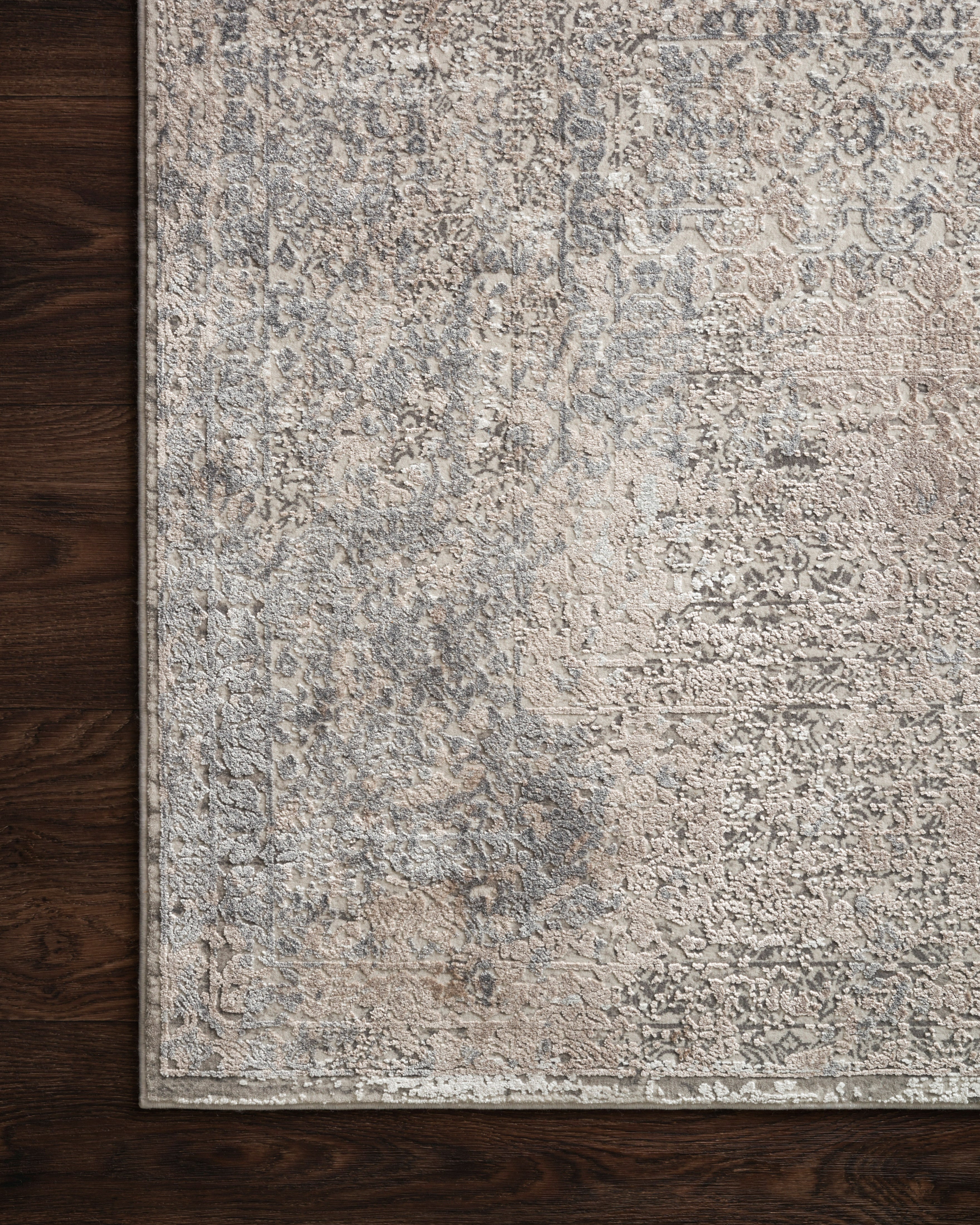 Sienne SIE-01 Ivory/Pebble area rug with subtle distressed motif, neutral palette, silky sheen