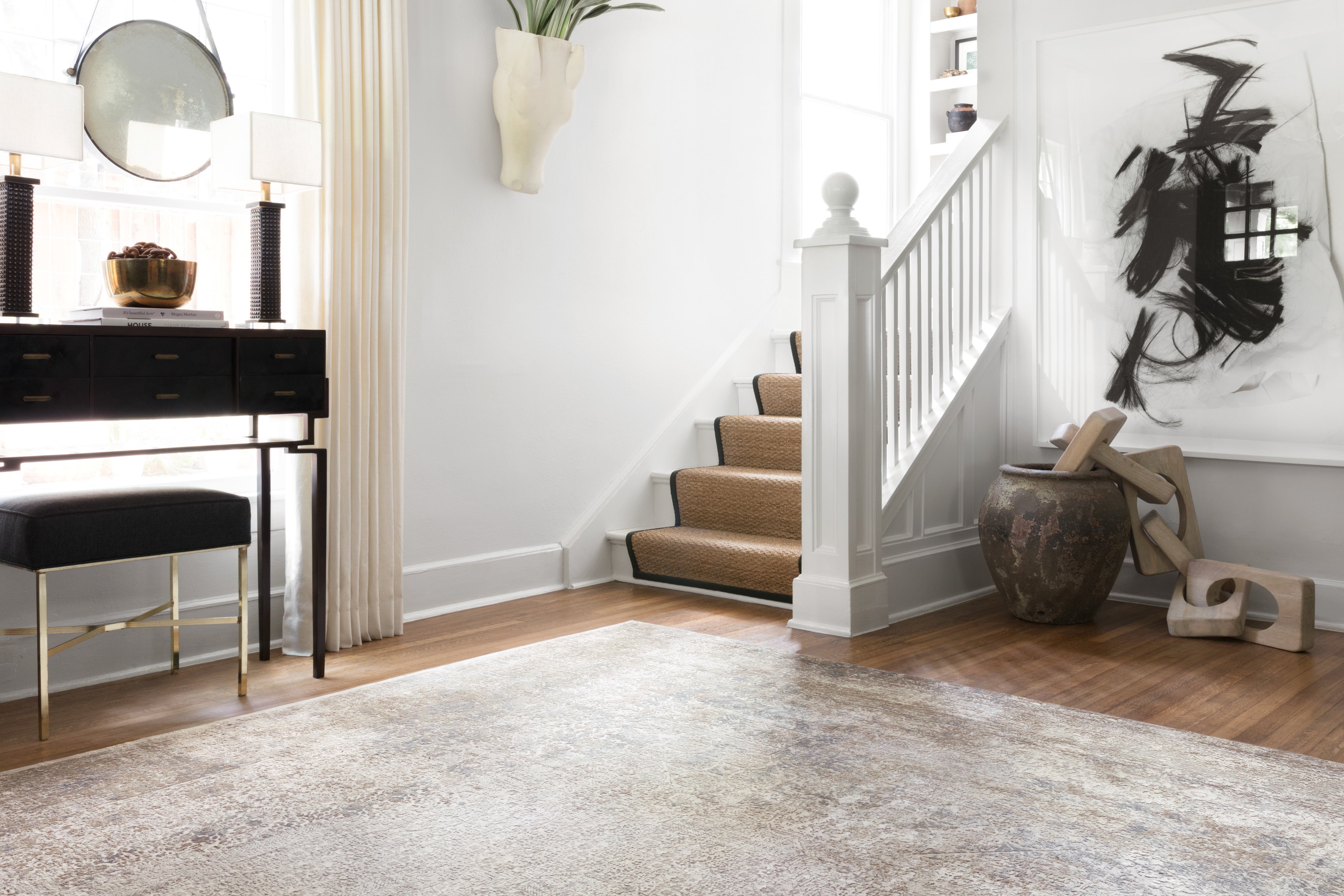 Sienne SIE-01 Ivory/Pebble area rug with subtle distressed motif, neutral palette, silky sheen