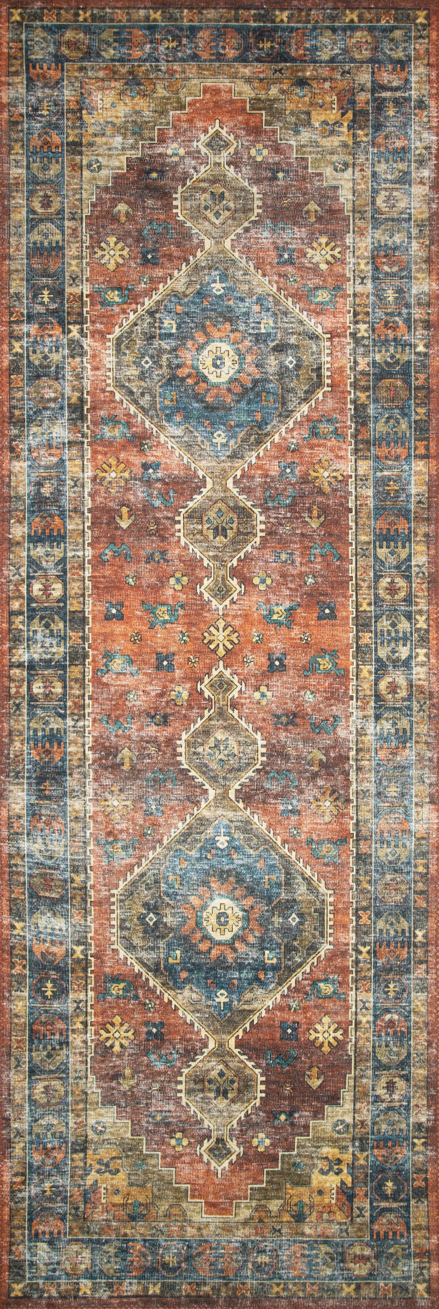 Skye SKY-11 Rust / Blue Area Rug, rich rust and blue tones with distressed vintage medallion design