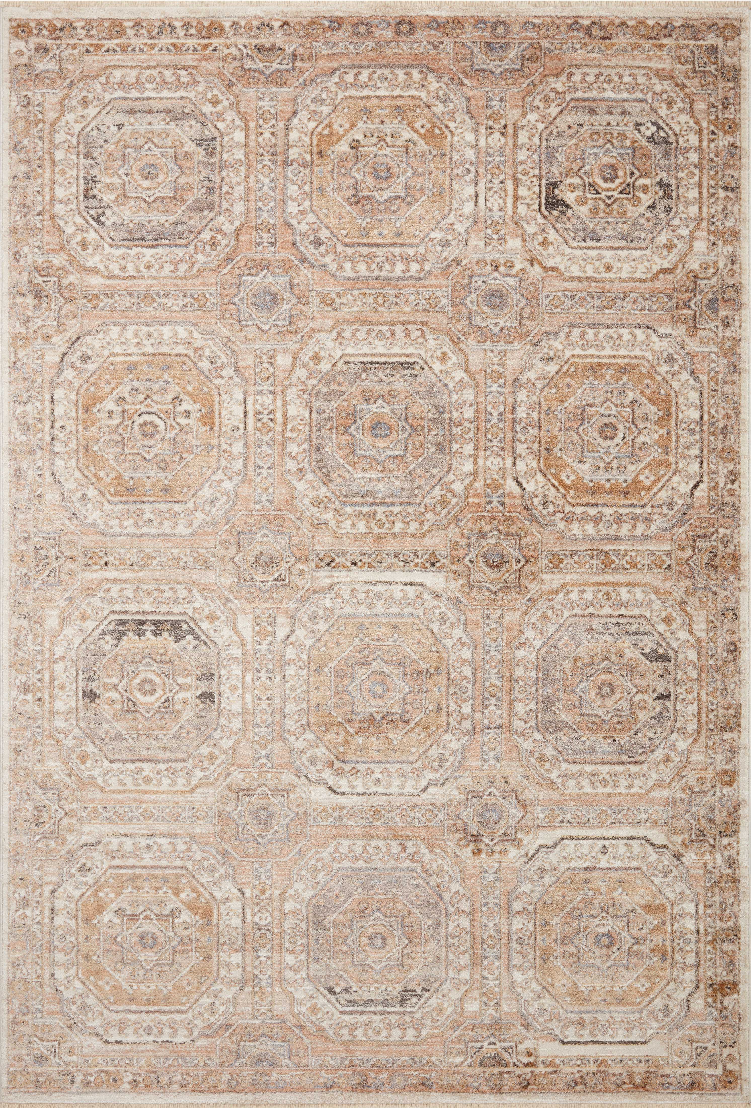 A power-loomed polypropylene and polyester area rug in warm apricot and vibrant multi-toned tones with traditional motifs, the Sonnet SNN-06 Apricot / Multi Area Rug grounds your room beautifully