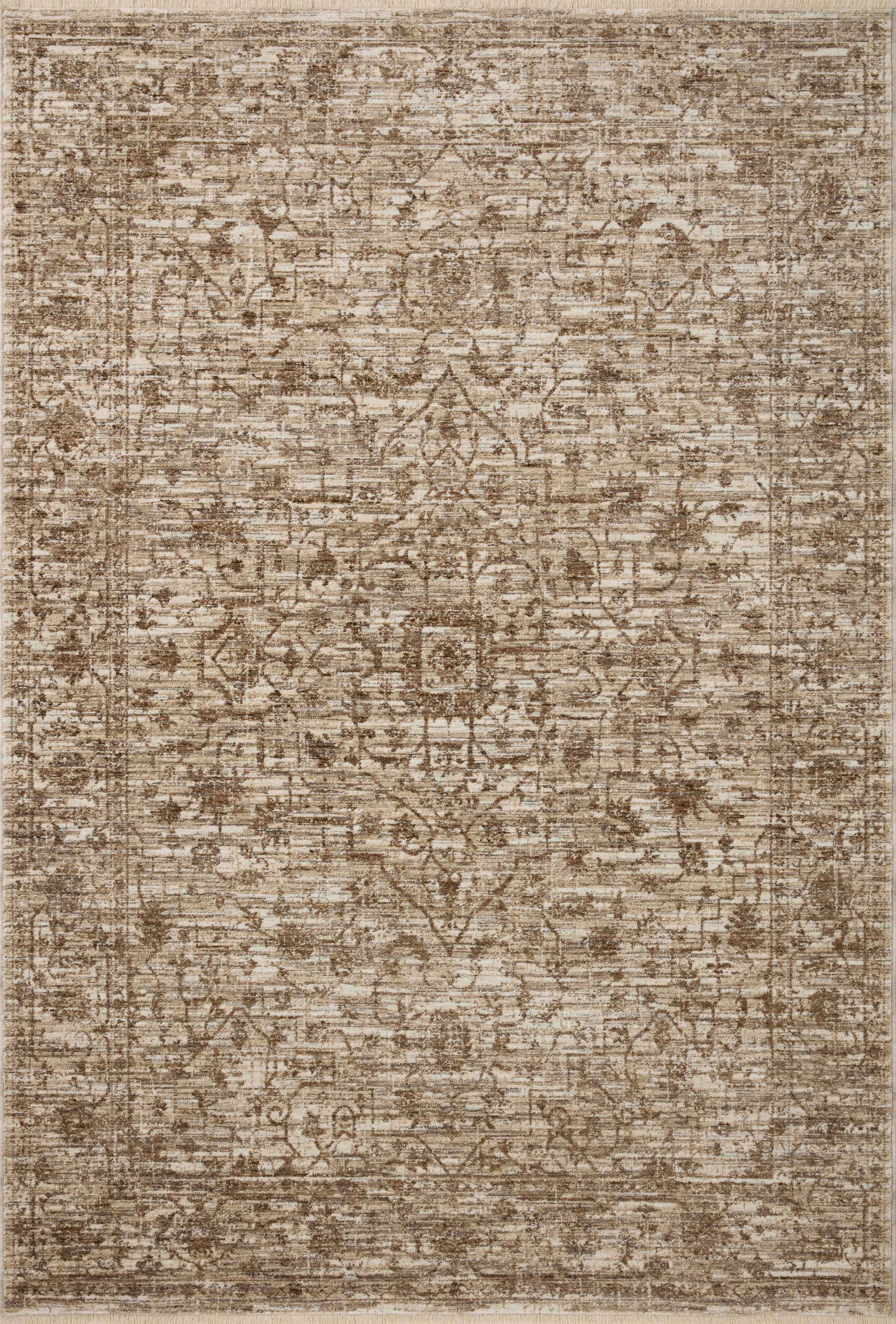 A power-loomed 100% polyester area rug with vintage flair in grounded bark and warm natural tones, the Sorrento SOR-01 Bark / Natural Area Rug anchors any room
