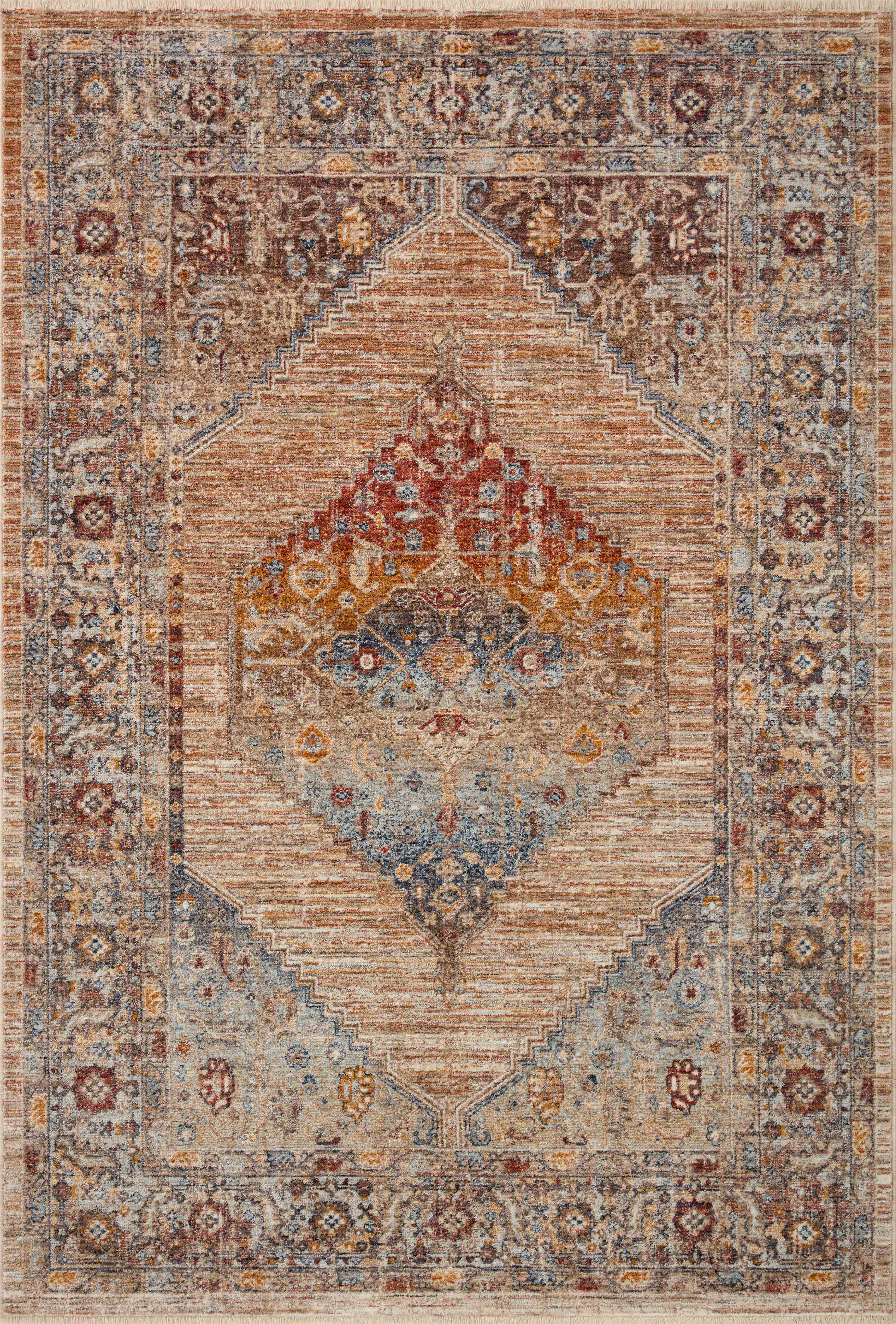 Designed with vintage artistry in vibrant multi-toned and glowing sunset hues, the Sorrento SOR-06 Multi / Sunset Area Rug is a power-loomed 100% polyester area rug that stands out
