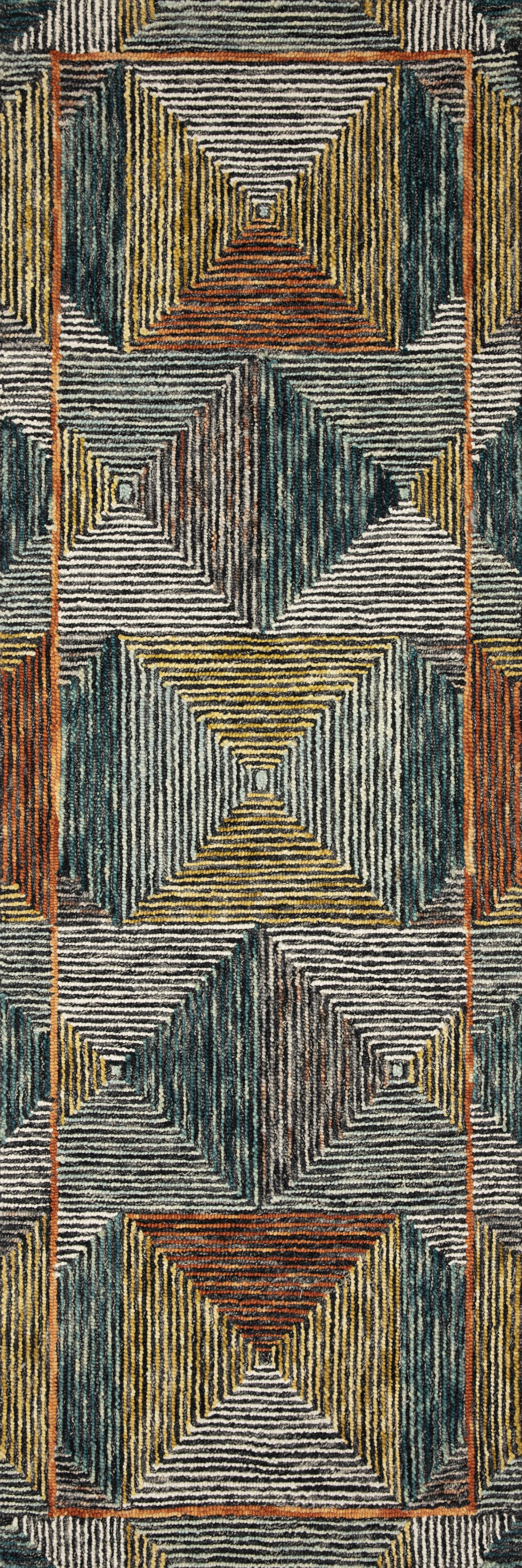 A hooked wool area rug featuring geometric and eclectic design and tranquil lagoon and spirited spice tones, the Spectrum SPE-01 Lagoon / Spice Area Rug adds character to any room