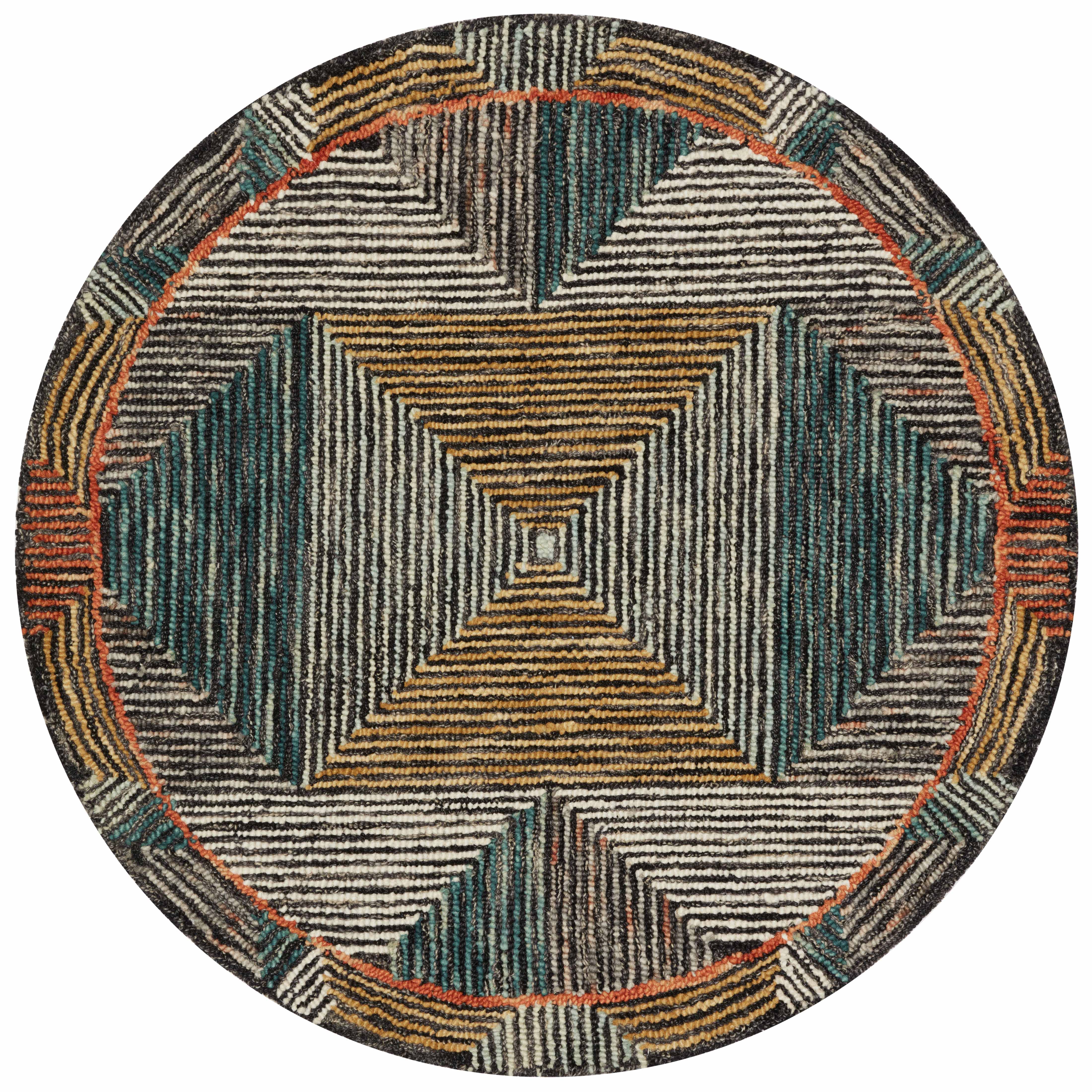 A hooked wool area rug featuring geometric and eclectic design and tranquil lagoon and spirited spice tones, the Spectrum SPE-01 Lagoon / Spice Area Rug adds character to any room