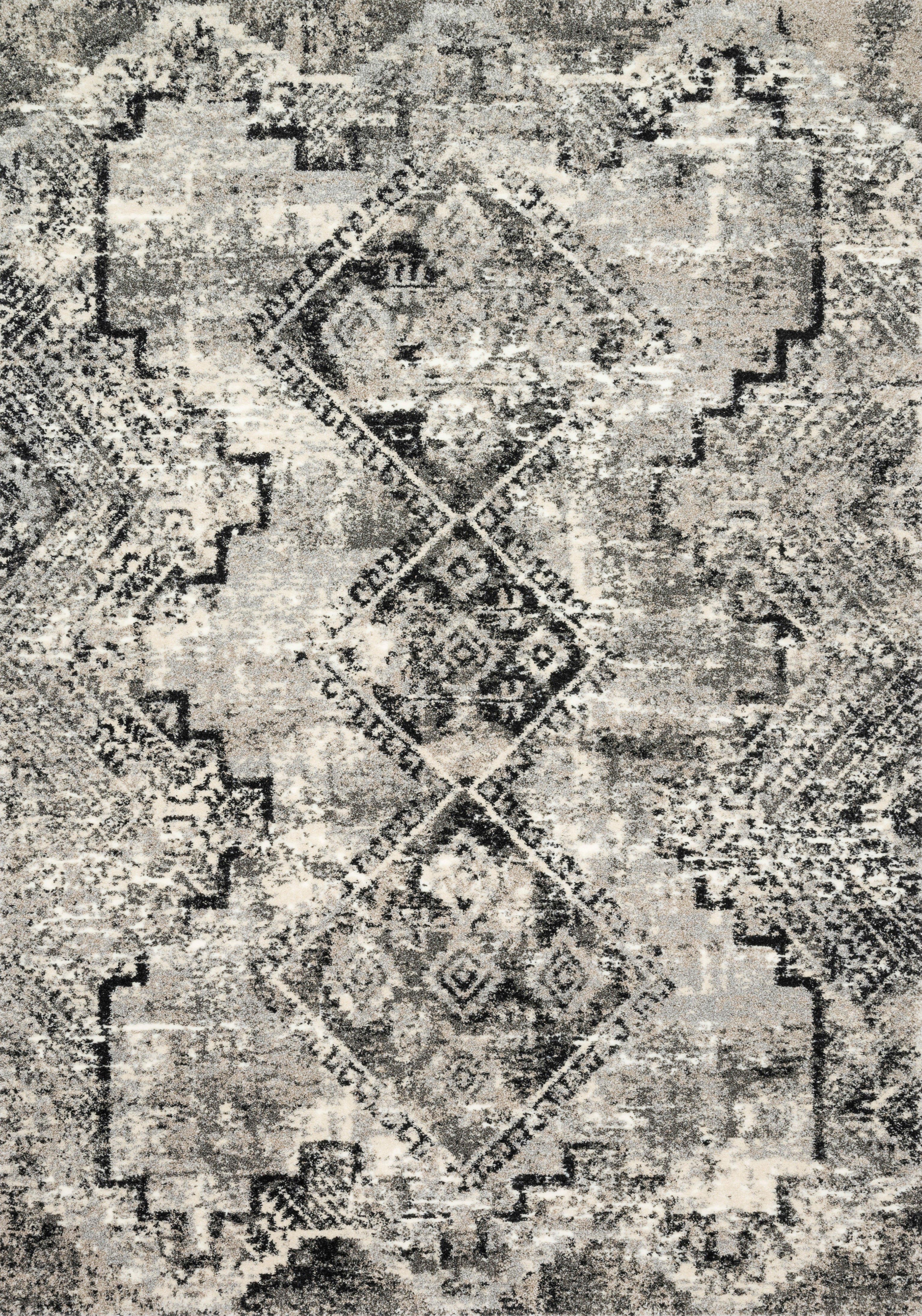 The Viera VR-10 Grey / Black Area Rug showcases elegant grey and dramatic black tones in a power-loomed polypropylene and polyester area rug with contemporary and vintage style