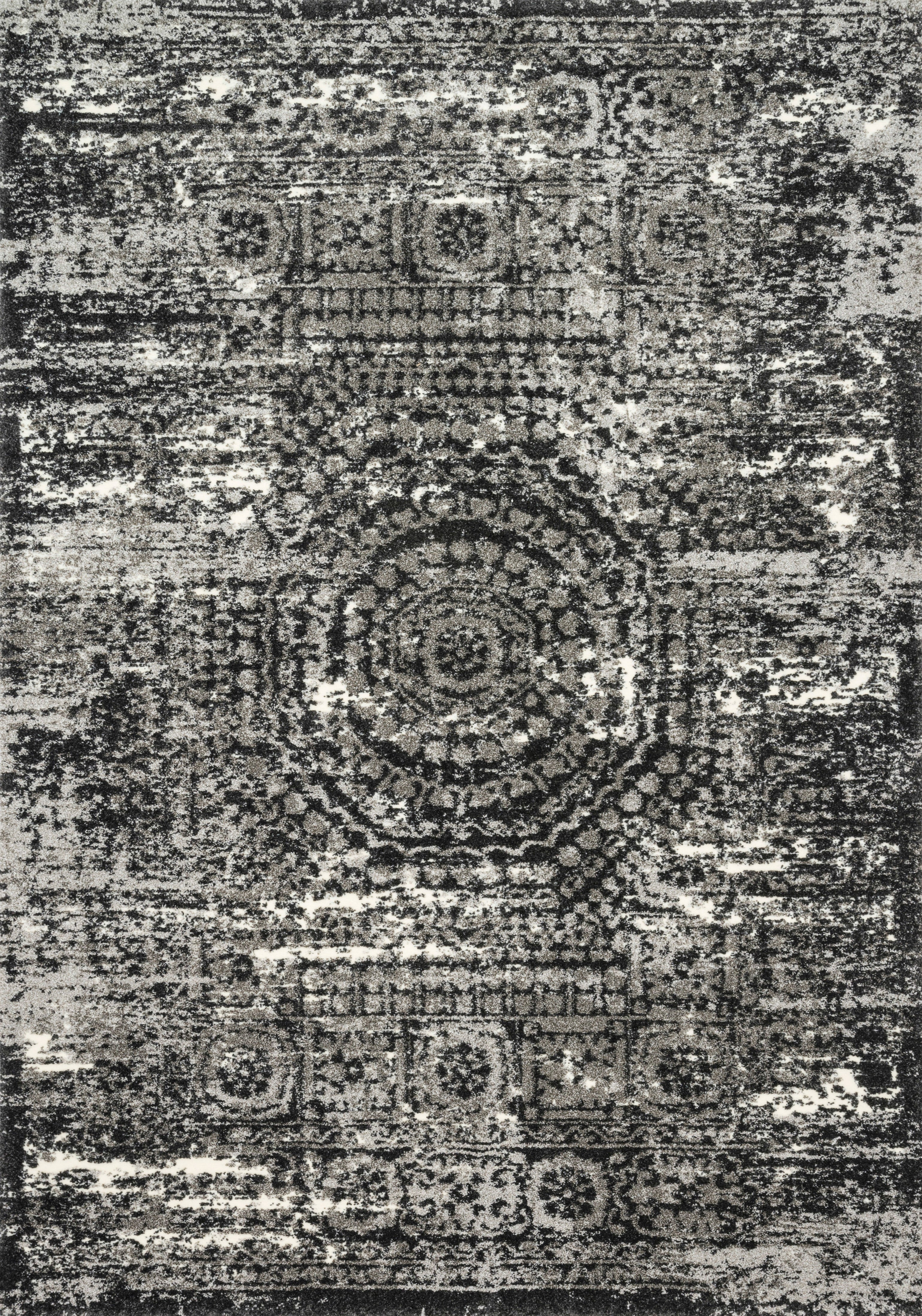 Featuring graphite and dramatic black hues and contemporary and vintage detail, the Viera VR-11 Graphite / Black Area Rug is a power-loomed polypropylene and polyester area rug for any room