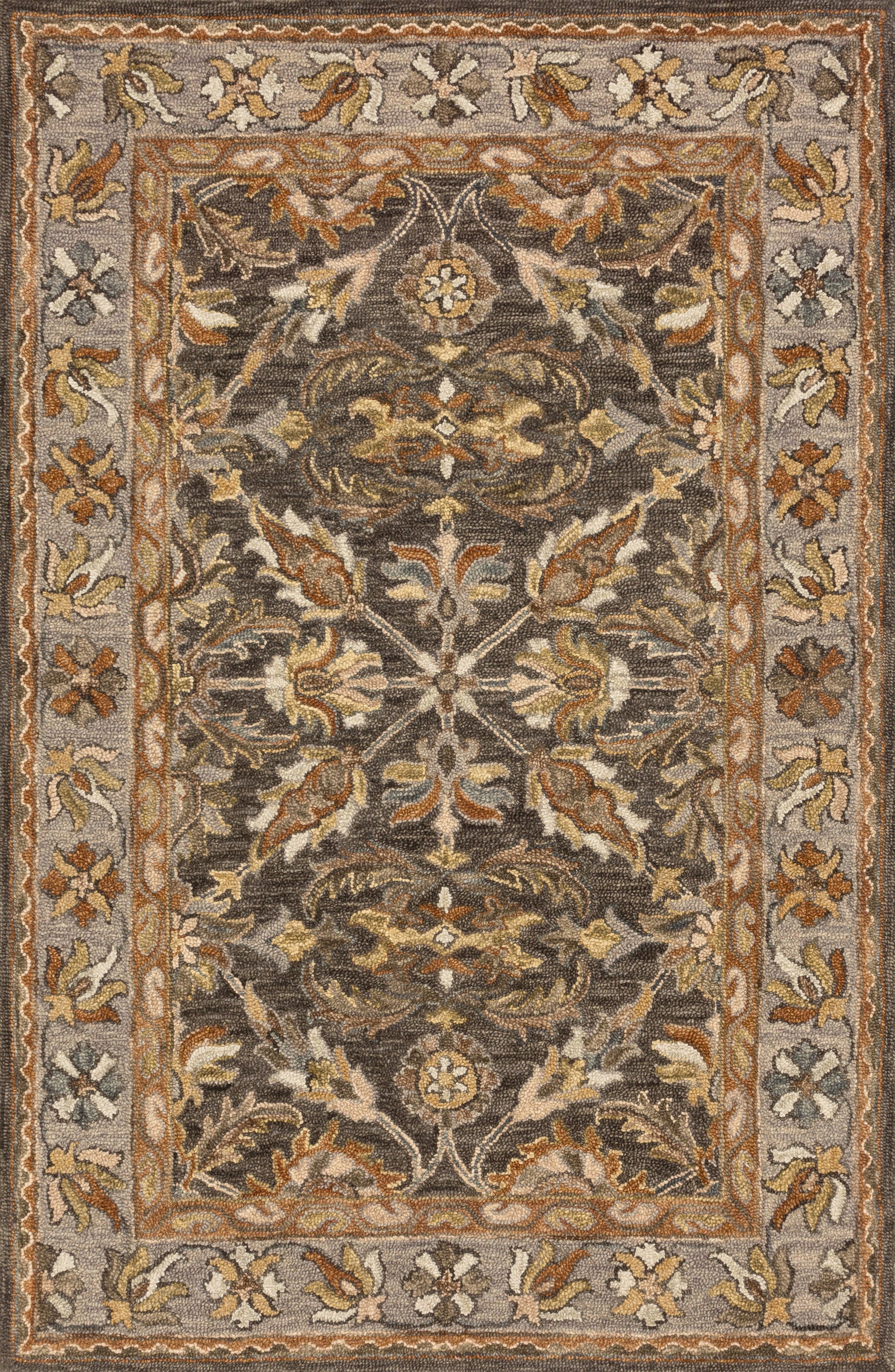 The Victoria VK-06 Dk Taupe / Grey Area Rug blends dk taupe and elegant grey tones and traditional motifs into a hooked 100% wool area rug with timeless appeal