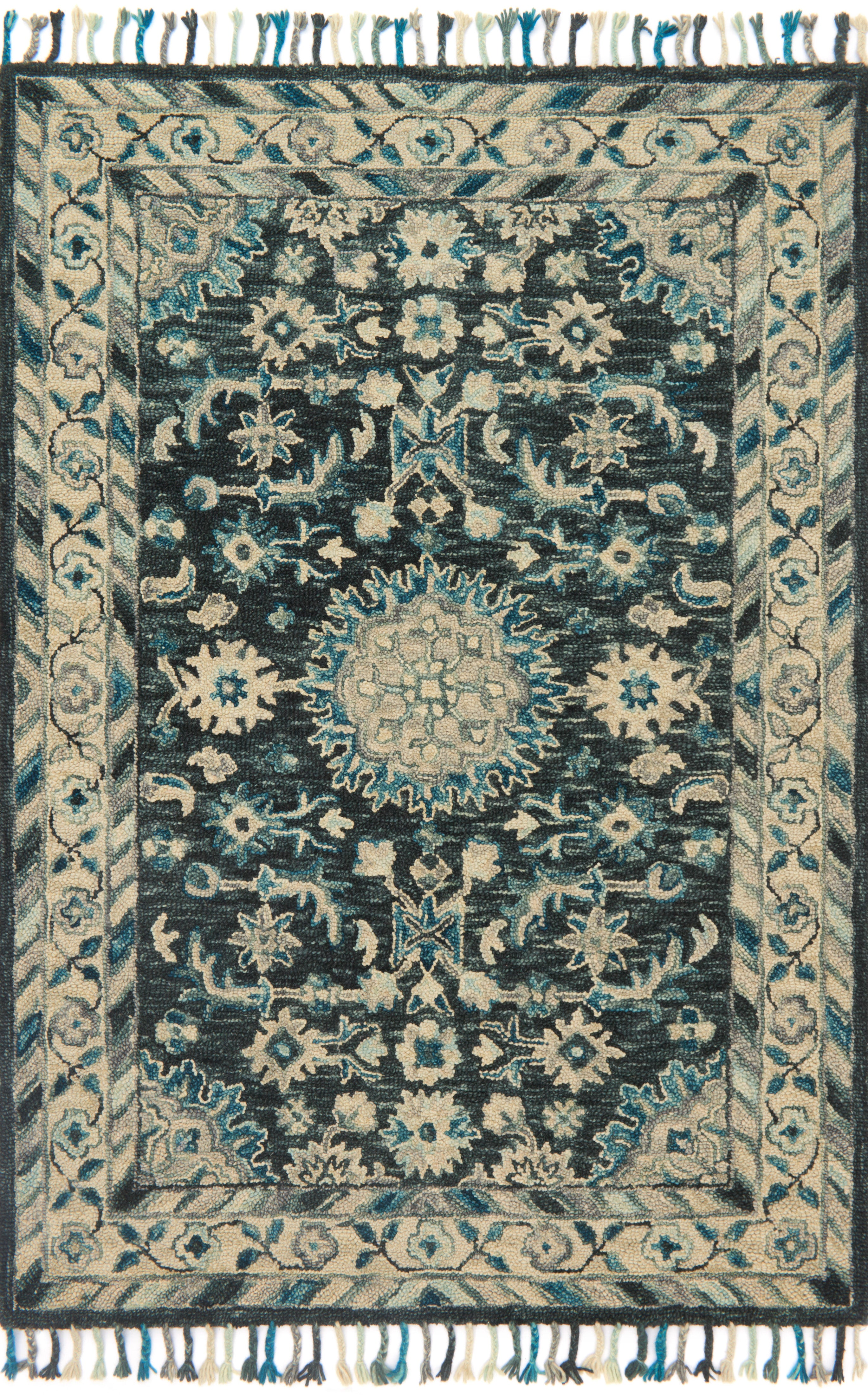 Crafted as a hooked 100% wool area rug, the Zharah ZR-02 Teal / Grey Area Rug brings vibrant teal and elegant grey warmth to your space