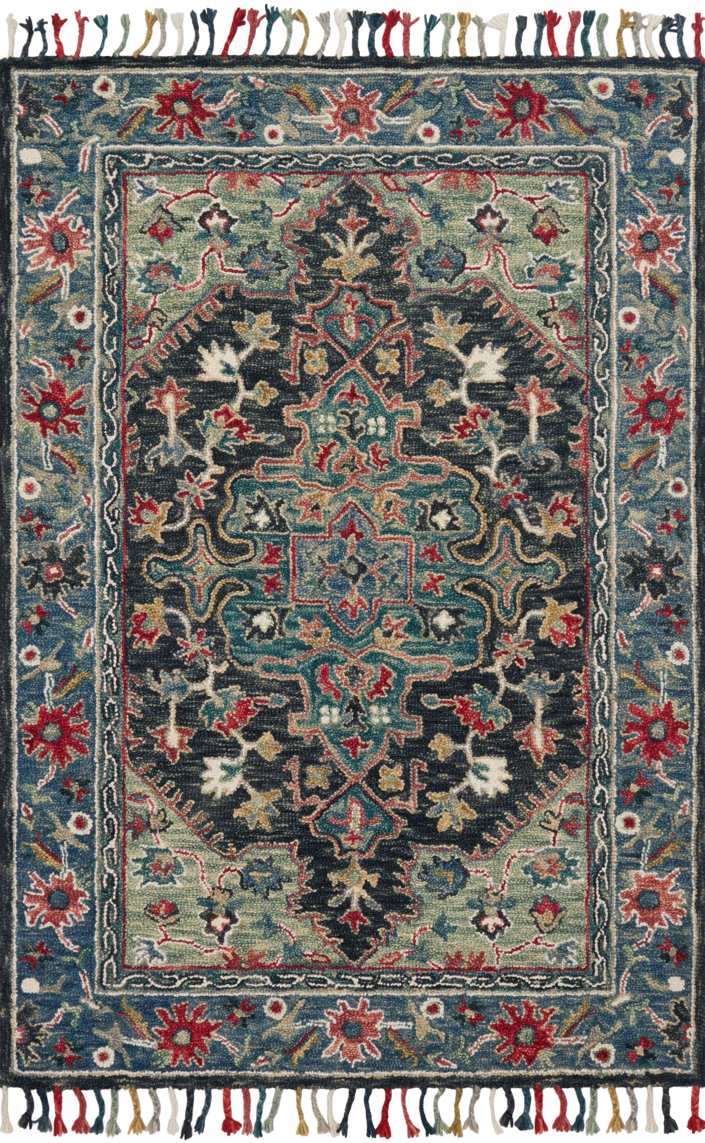 The Zharah ZR-05 Navy / Blue Area Rug blends classic navy and calming blue tones into a hooked 100% wool area rug with timeless appeal