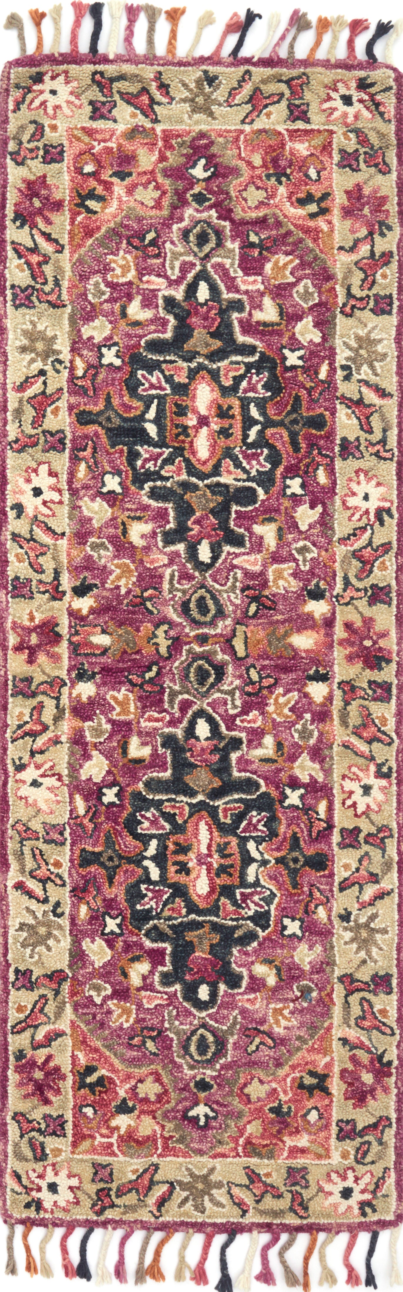 A stunning hooked 100% wool area rug, the Zharah ZR-05 Raspberry / Taupe Area Rug features raspberry and versatile taupe tones for a polished look