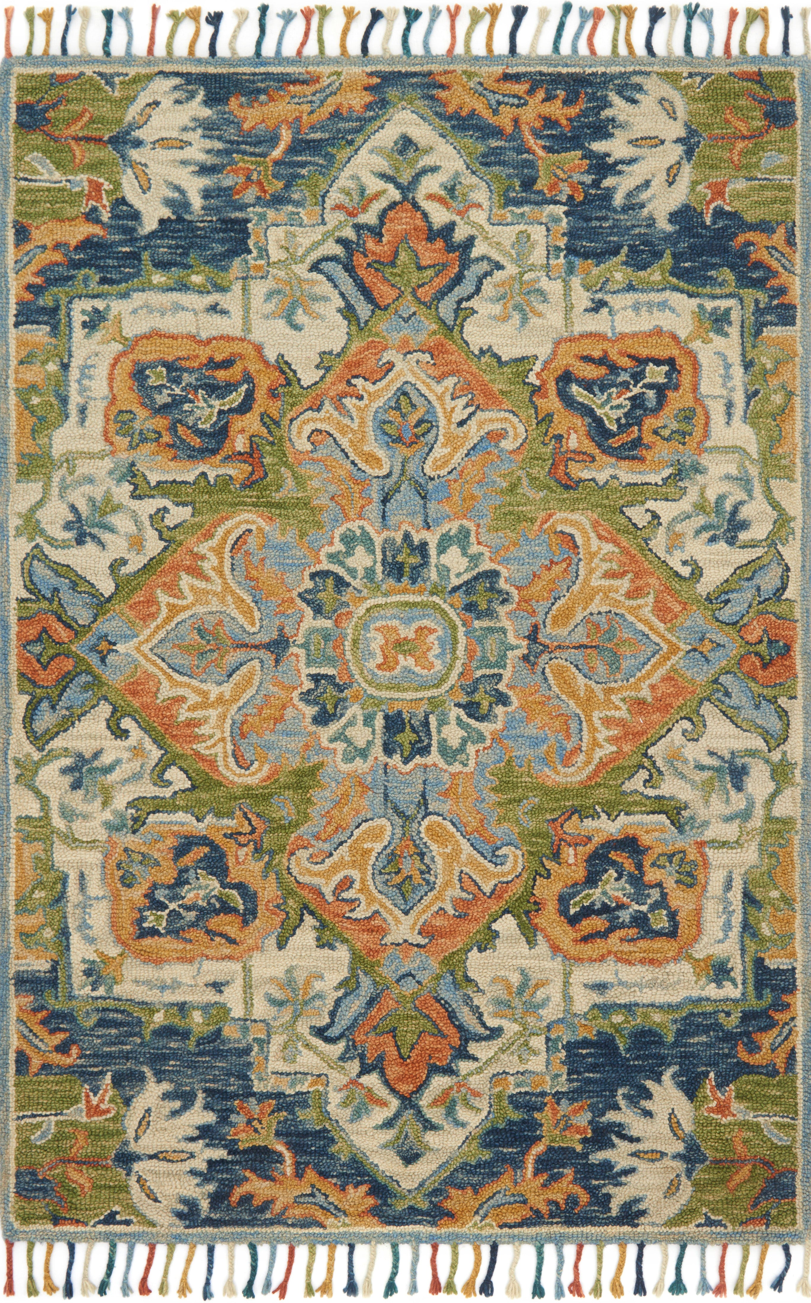 The Zharah ZR-11 Blue / Multi Area Rug offers calming blue and vibrant multi-toned sophistication in a hooked 100% wool area rug