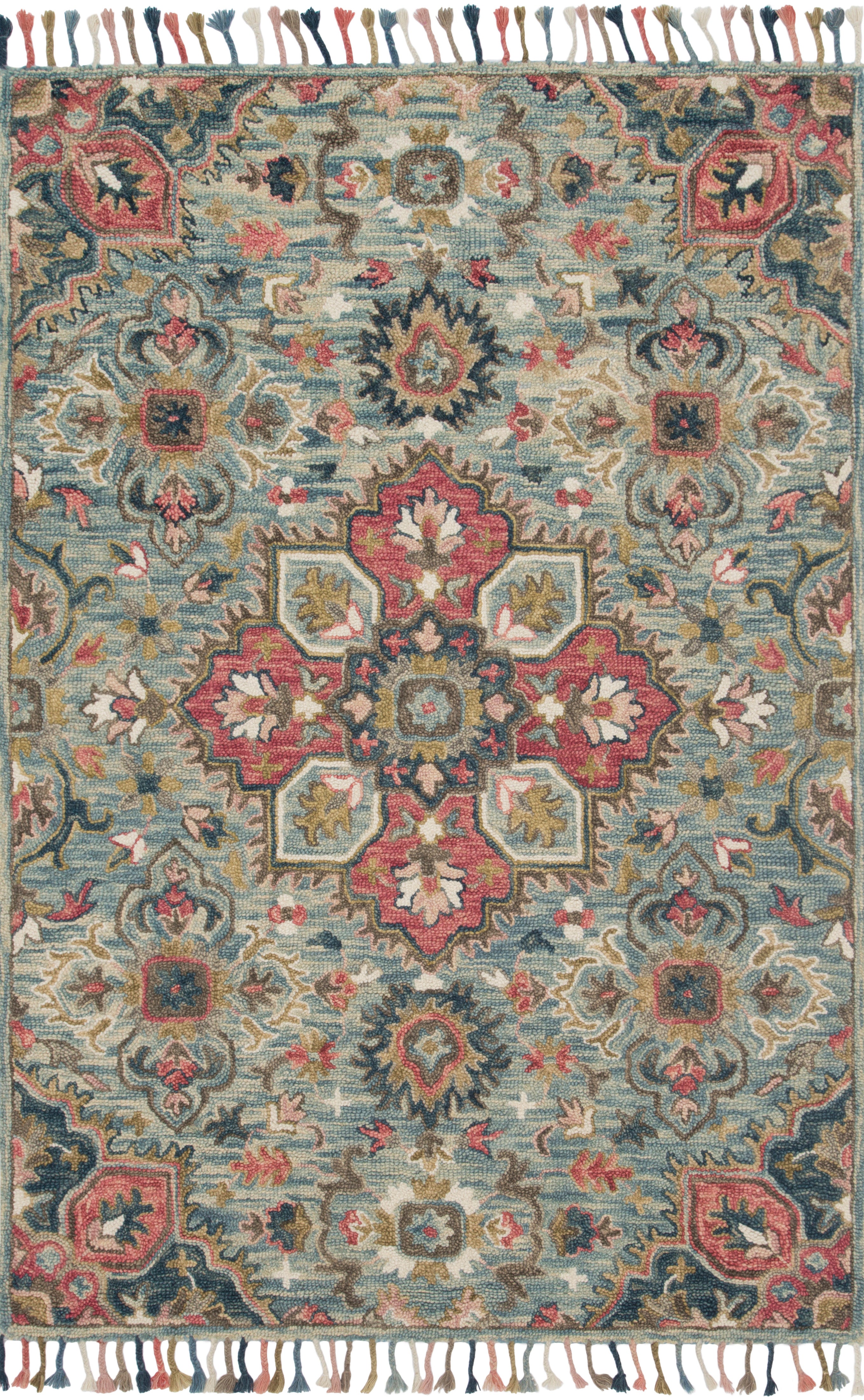 The Zharah ZR-13 Light Blue / Multi Area Rug brings light blue and vibrant multi-toned character to your home in a hooked 100% wool area rug