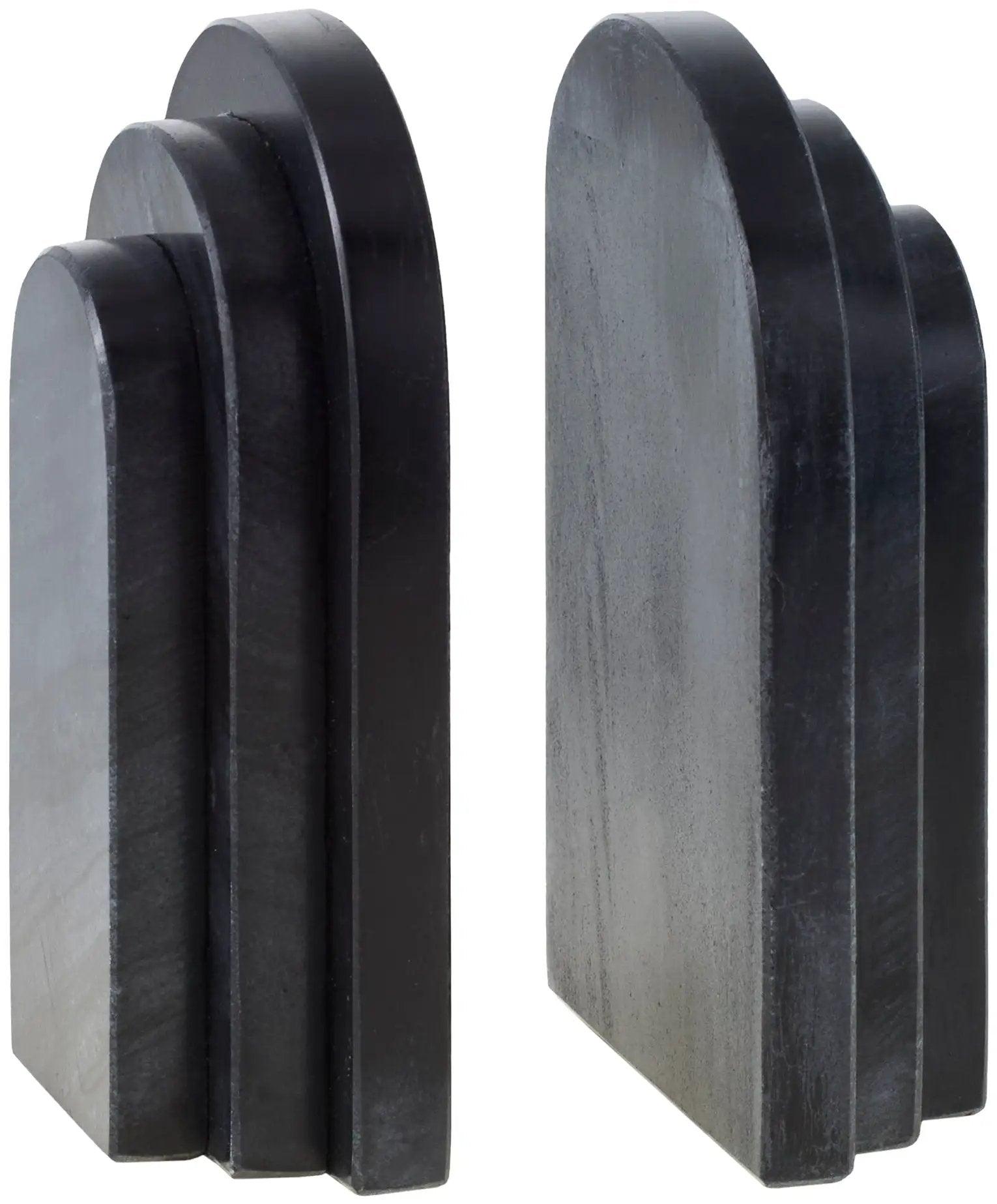 Pair of black natural marble Livabliss Aayena EYA-001 bookends featuring stacked arch shapes and clean geometric lines for minimalist shelf organization.