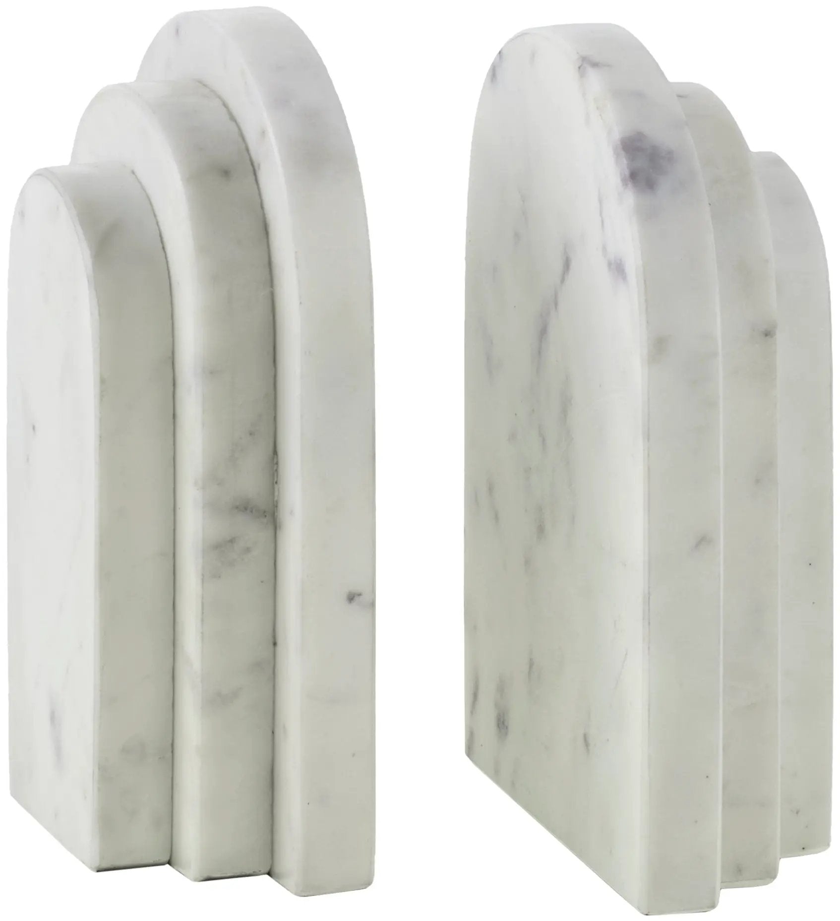 Minimalist white marble Livabliss Aayena EYA-002 bookend with layered arch design. Solid natural marble stone provides secure book support and calm aesthetic appeal.