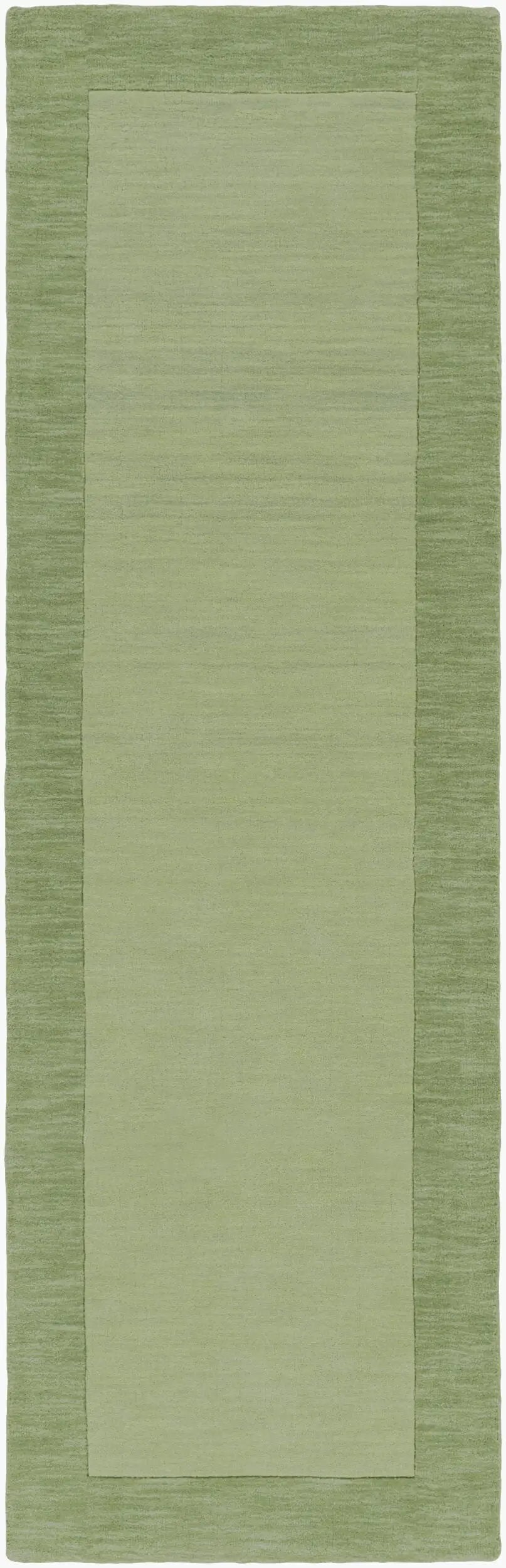 Livabliss Mystique M-310 medium green hallway runner rug with textured border and smooth center, featuring hand-loomed wool construction for contemporary floor coverage.