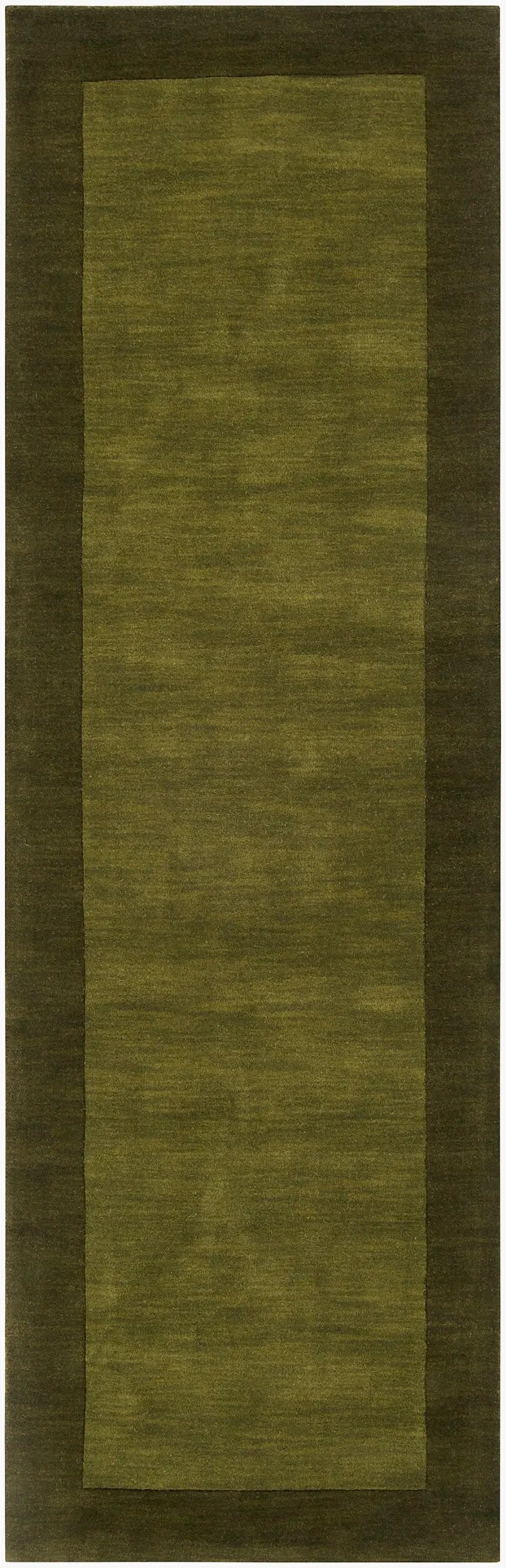 Livabliss Mystique M-315 Olive hallway runner rug with dark border featuring a dynamic high-low pile wool texture and traditional hand-loomed construction.