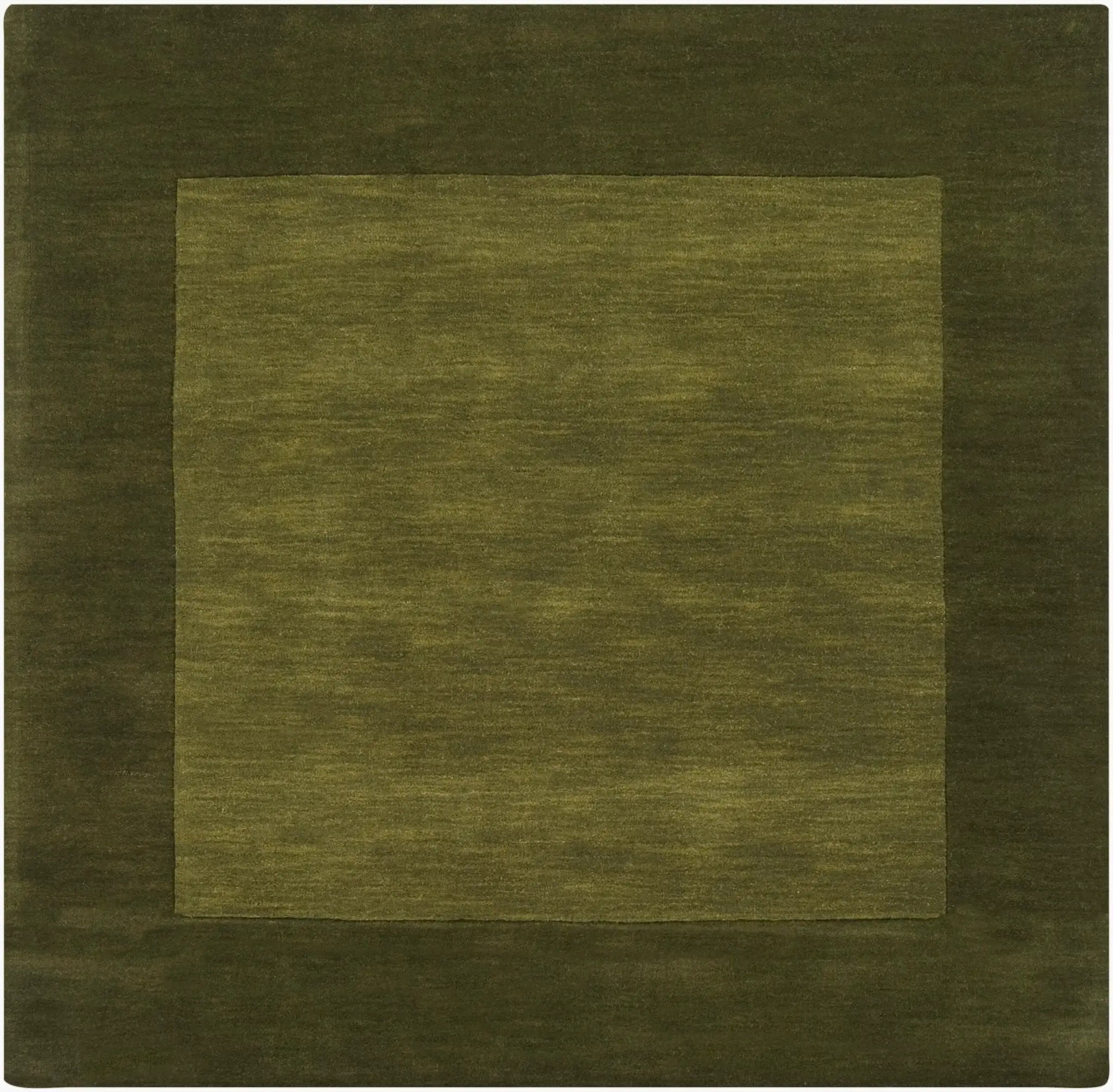 Livabliss Mystique M-315 hand-loomed olive wool square area rug features a two-tone border design with a dynamic high and low pile texture.