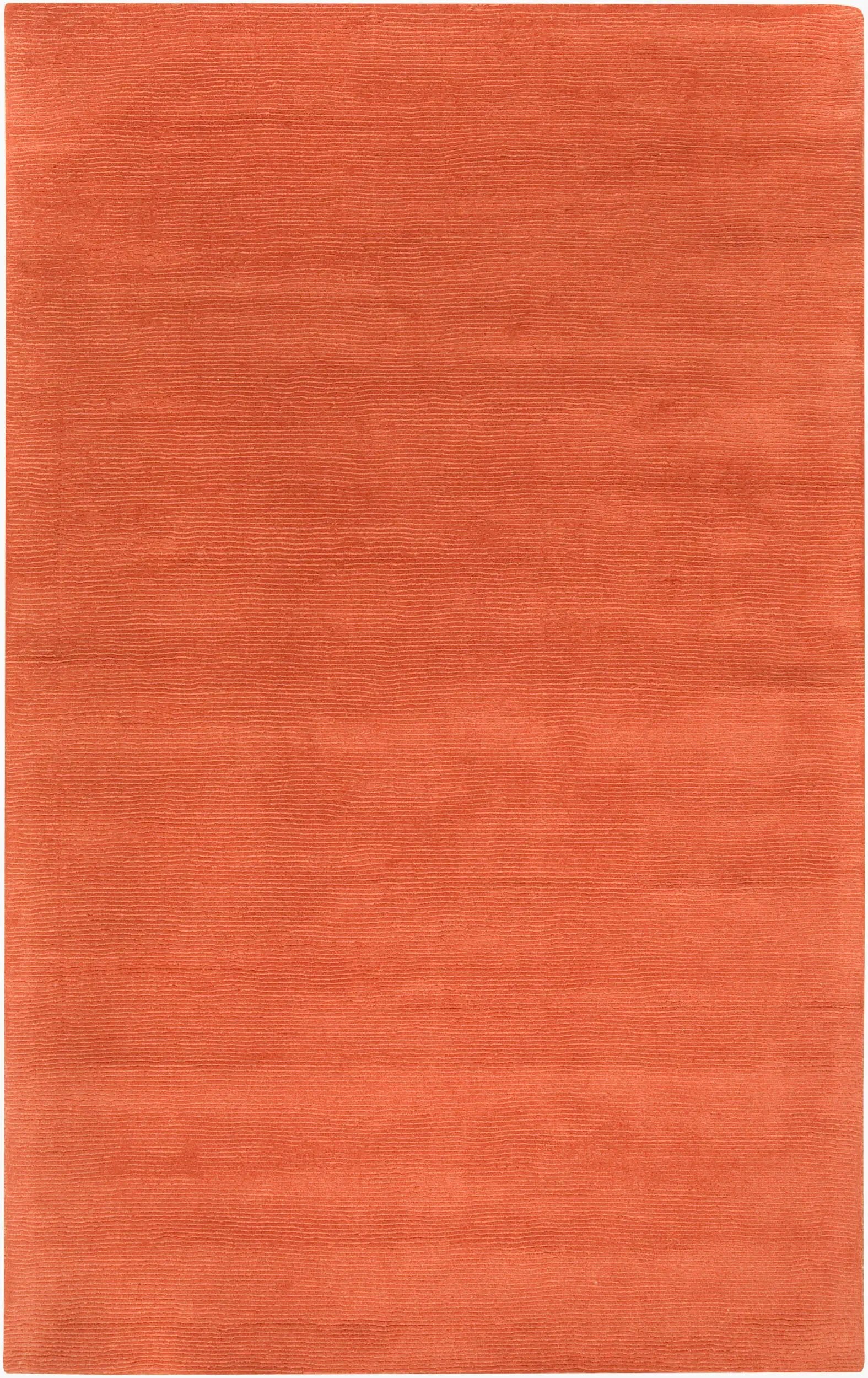Hand-crafted Livabliss Mystique M-332 burnt-orange wool area rug with a textured high-low pile weave for structured warmth and modern depth.