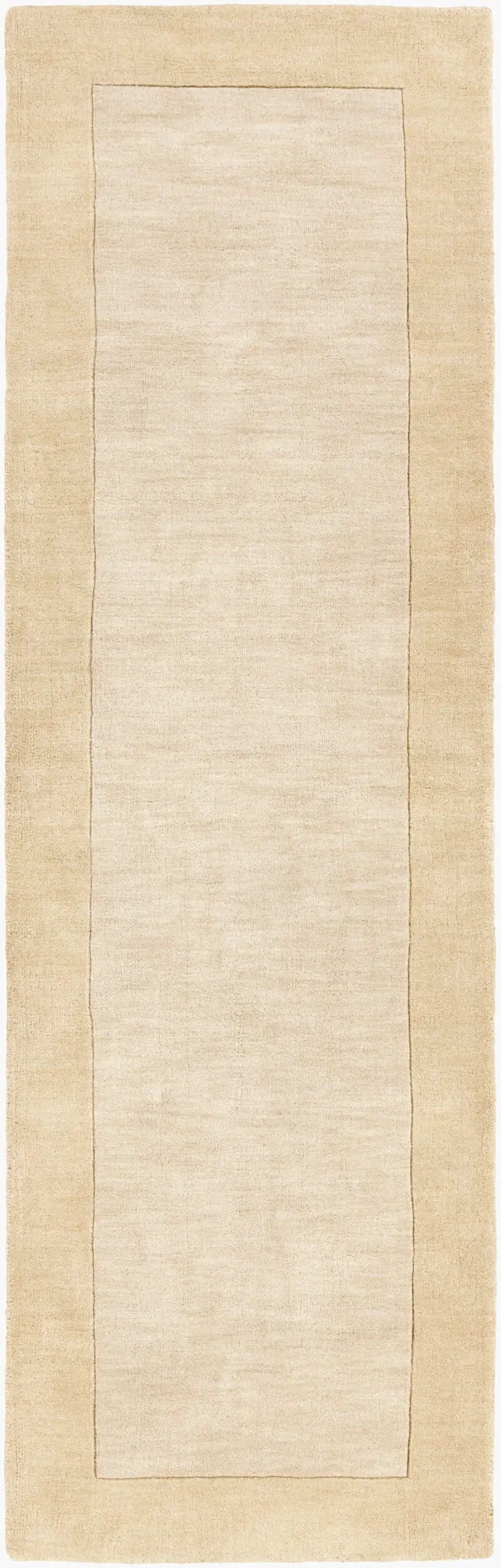 Livabliss Mystique M-344 Beige hand-loomed wool hallway runner rug with high-low pile texture and inset border design for minimalist modern interiors.
