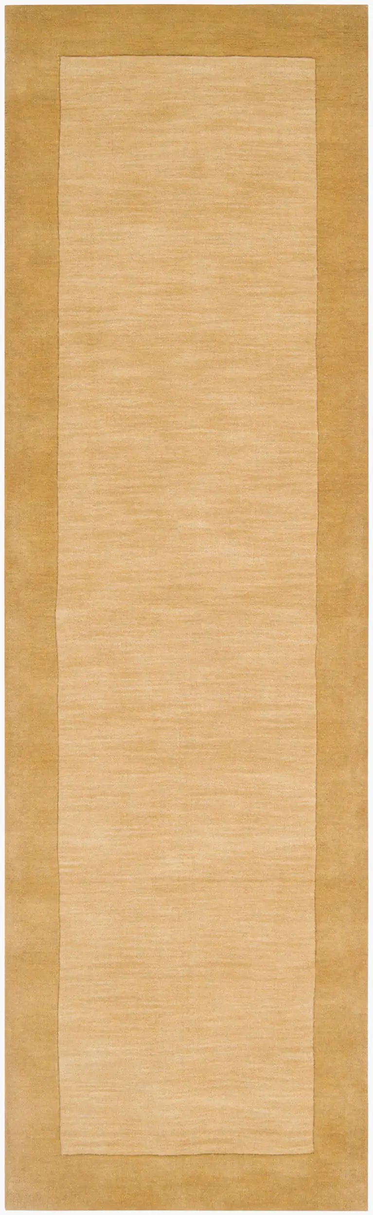 Livabliss Mystique M-345 Camel color hallway runner rug with textured center and darker border, featuring traditional hand-loomed design for modern interiors.