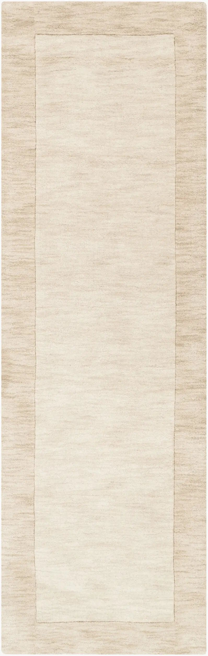 Livabliss Mystique M-5324 Hand-loomed wheat hallway runner rug with textured high-low pile and neutral border, crafted from 100% wool for contemporary spaces.