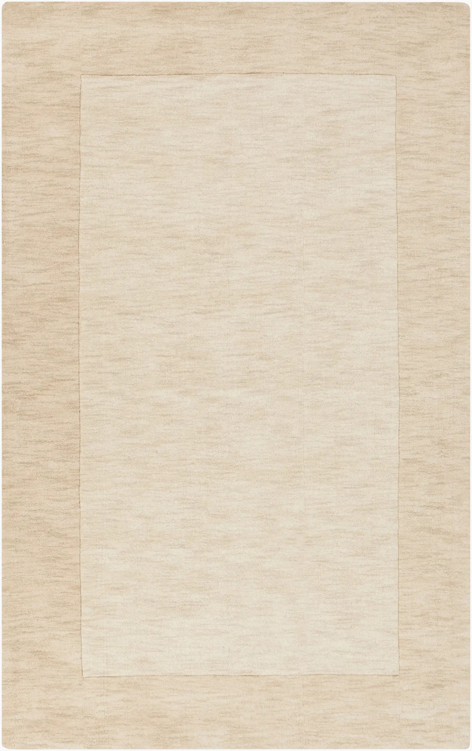 Hand-loomed Livabliss Mystique M-5324 wheat / ivory area rug with textured high-low wool pile and neutral border design for contemporary rooms.