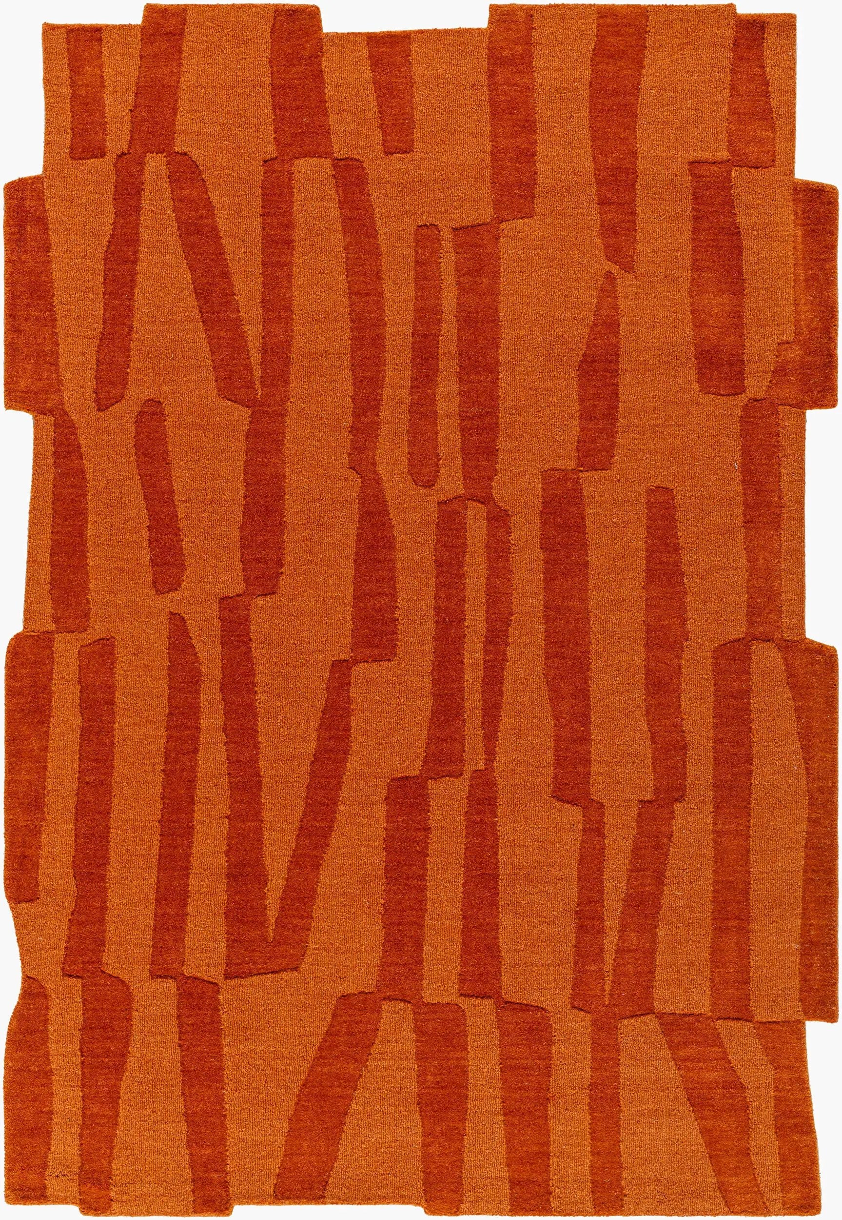 Livabliss Mystique M-5488 Burnt sienna hand-loomed wool area rug with abstract vertical stripes and irregular edges for modern interiors.