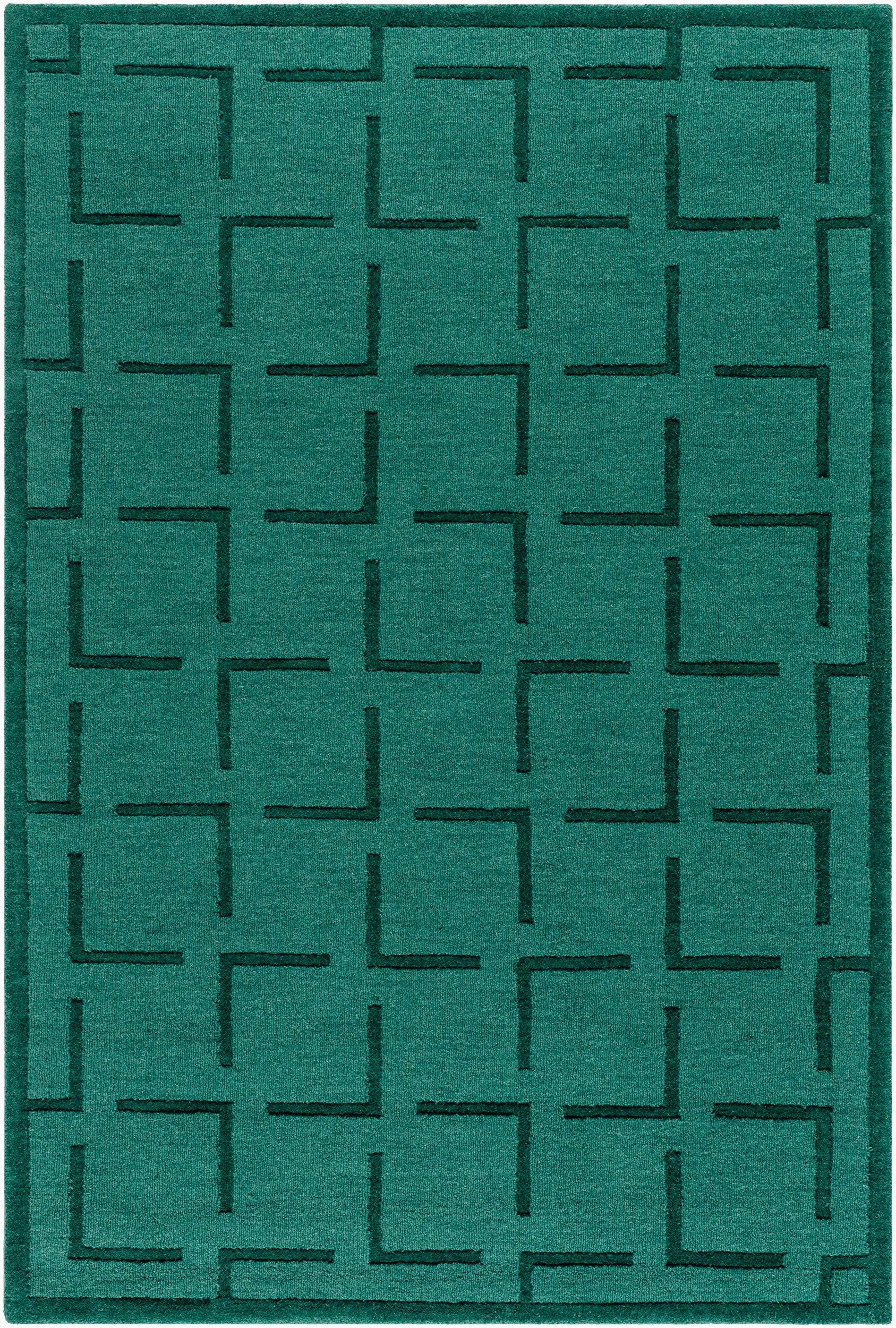 Livabliss Hand-Loomed Mystique M-5490 Emerald Green wool area rug featuring a geometric pattern of interlocking dark green L-shapes and a medium pile texture.