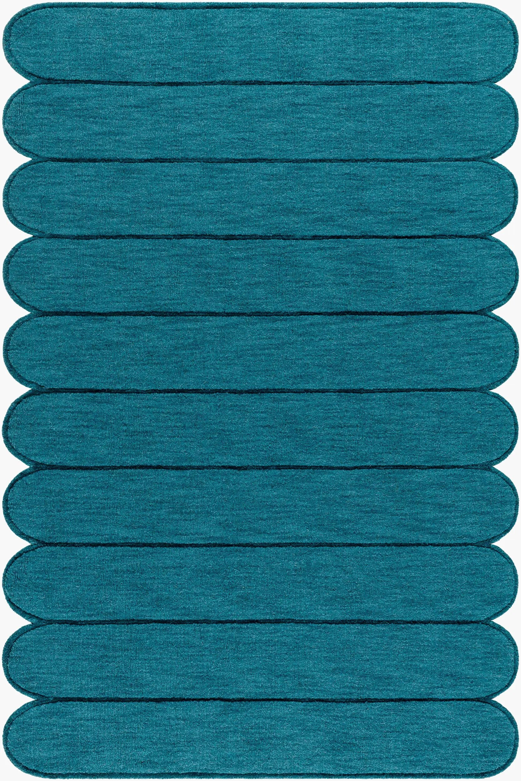 Livabliss Hand Loomed Mystique M-5491 Teal wool area rug with horizontal ribbed texture and rounded edges for modern living spaces.