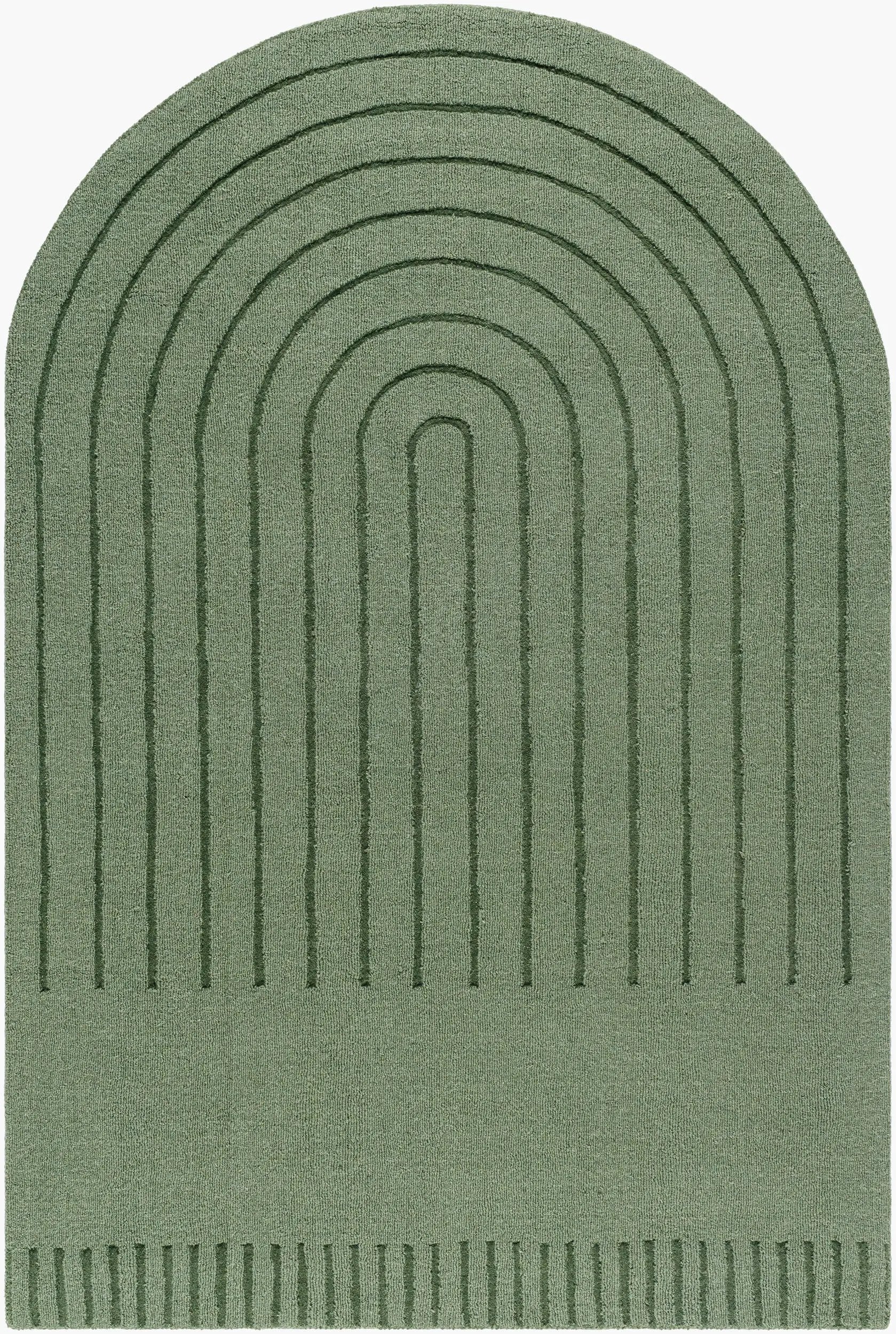 Livabliss Mystique M-5495 Sage green arch-patterned area rug with handcrafted texture and earthy tones for kids' room, living room or bedroom decor.