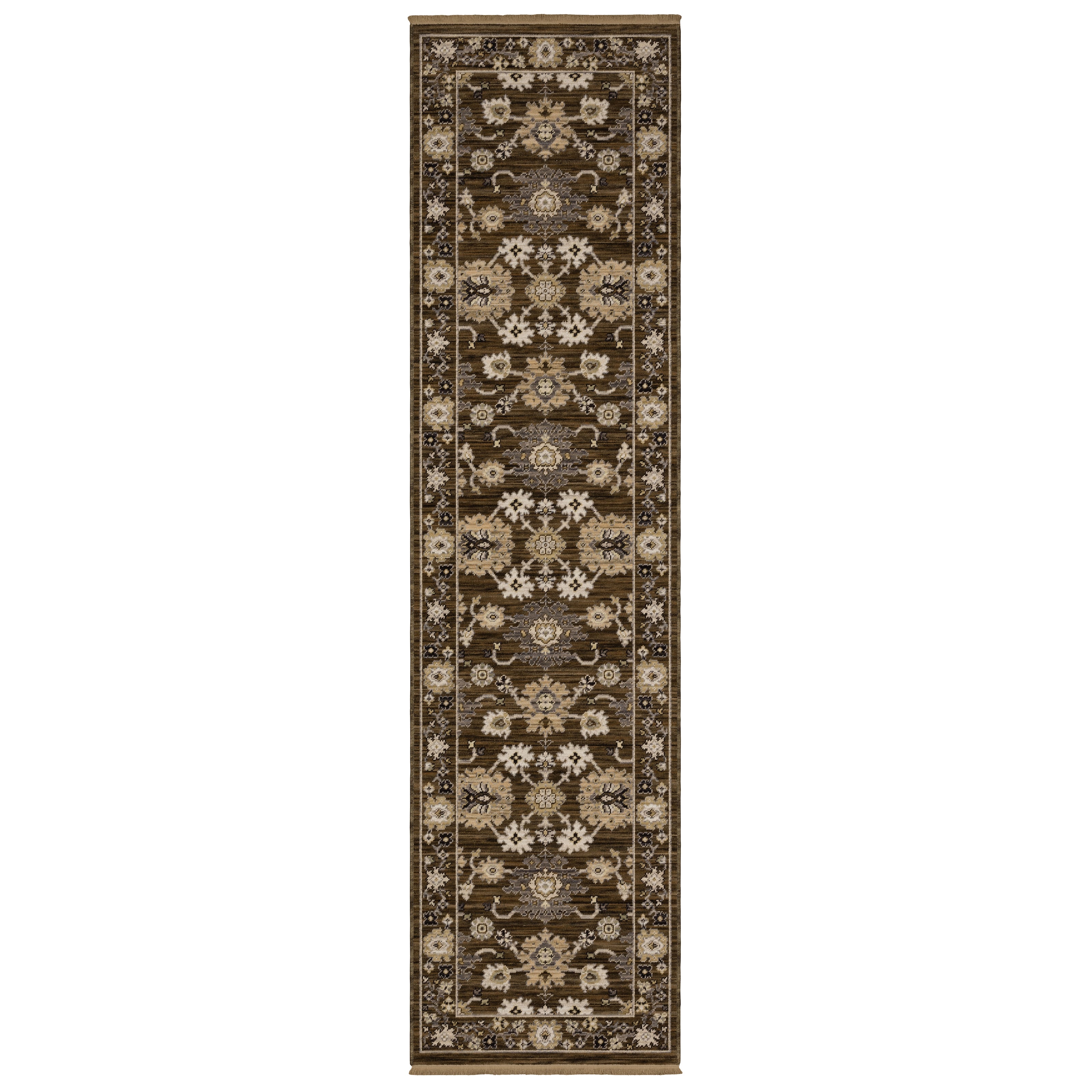 Acacia ACA01 Brown/Tan vintage-inspired area rug with rich brown and tan colors, classic pattern detail, wool nylon blend, and fringe.
