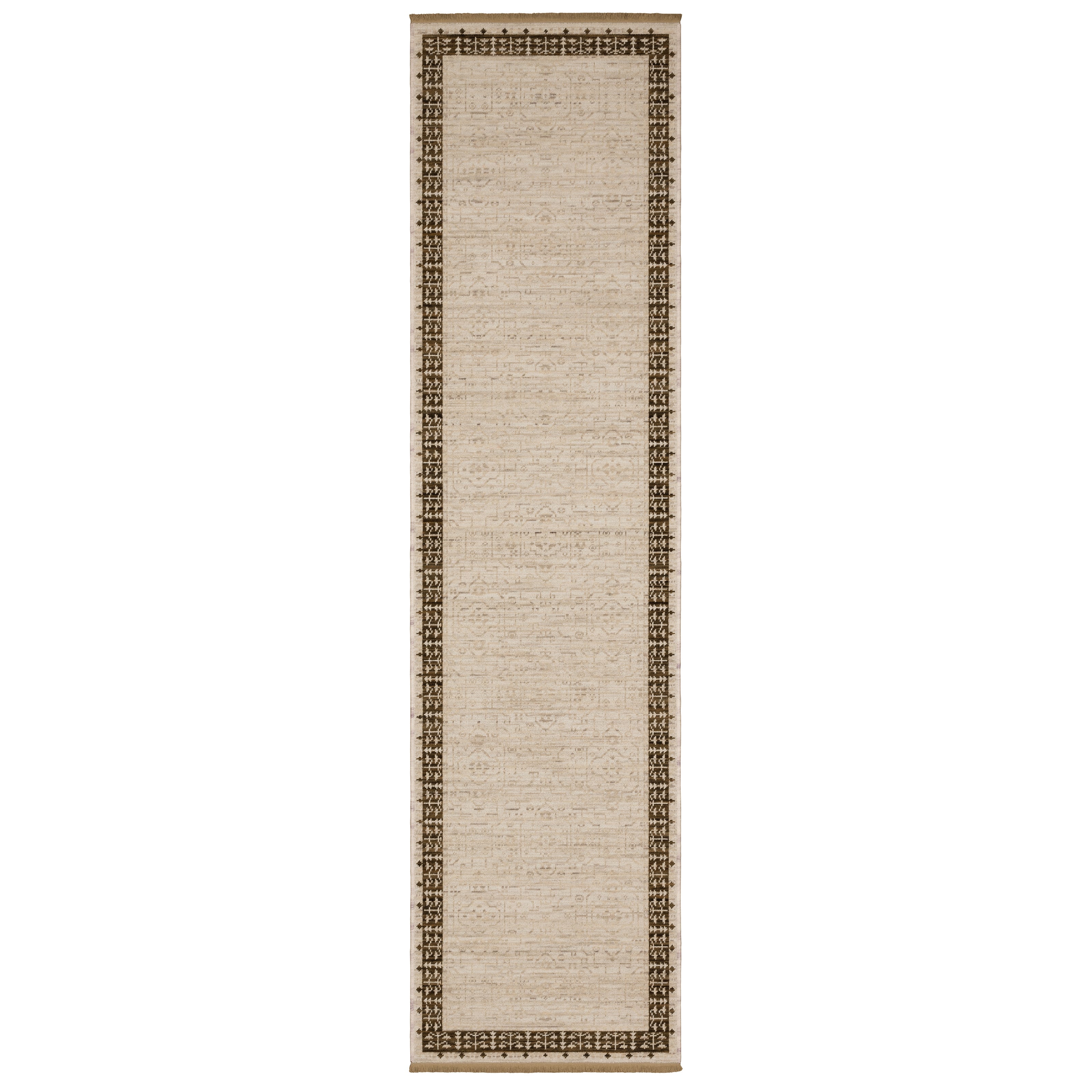 Acacia ACA02 Beige/Brown neutral traditional area rug with layered beige and brown tones, muted accent colors, and cotton fringe.