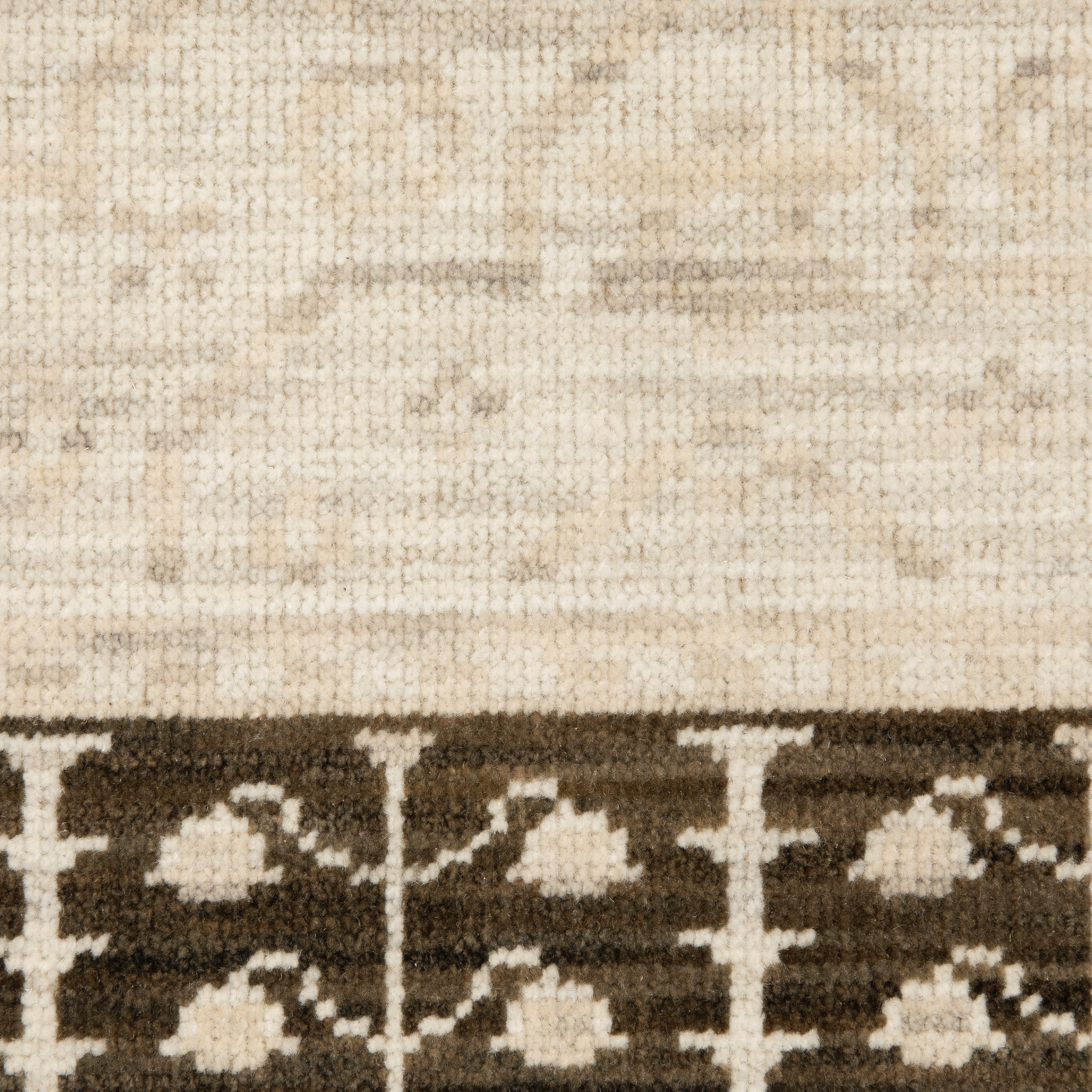 Acacia ACA02 Beige/Brown neutral traditional area rug with layered beige and brown tones, muted accent colors, and cotton fringe.