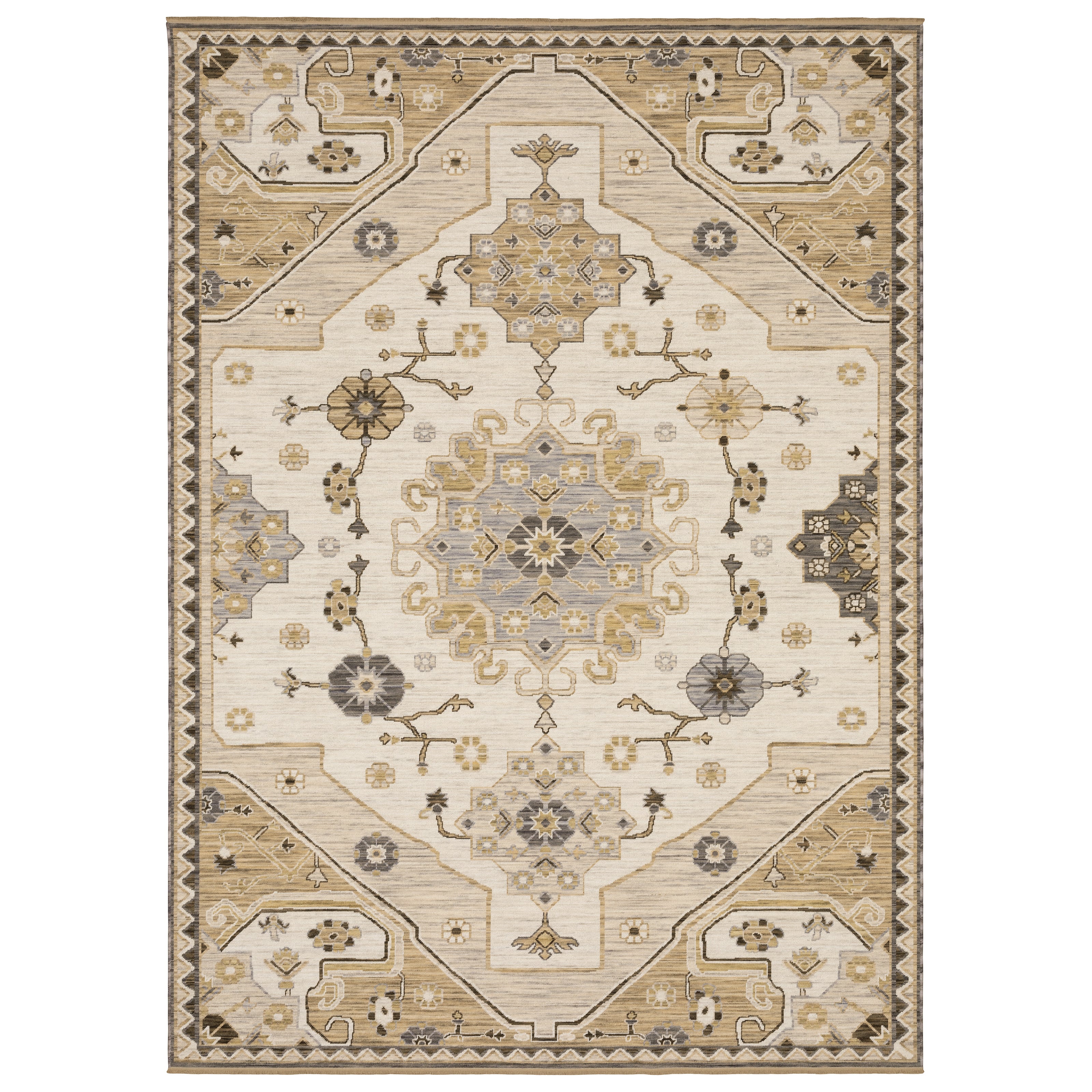 Acacia ACA03 Tan/Grey traditional area rug with earthy tan, grey, brown, gold, blue, clay, and green tones and cotton fringe.