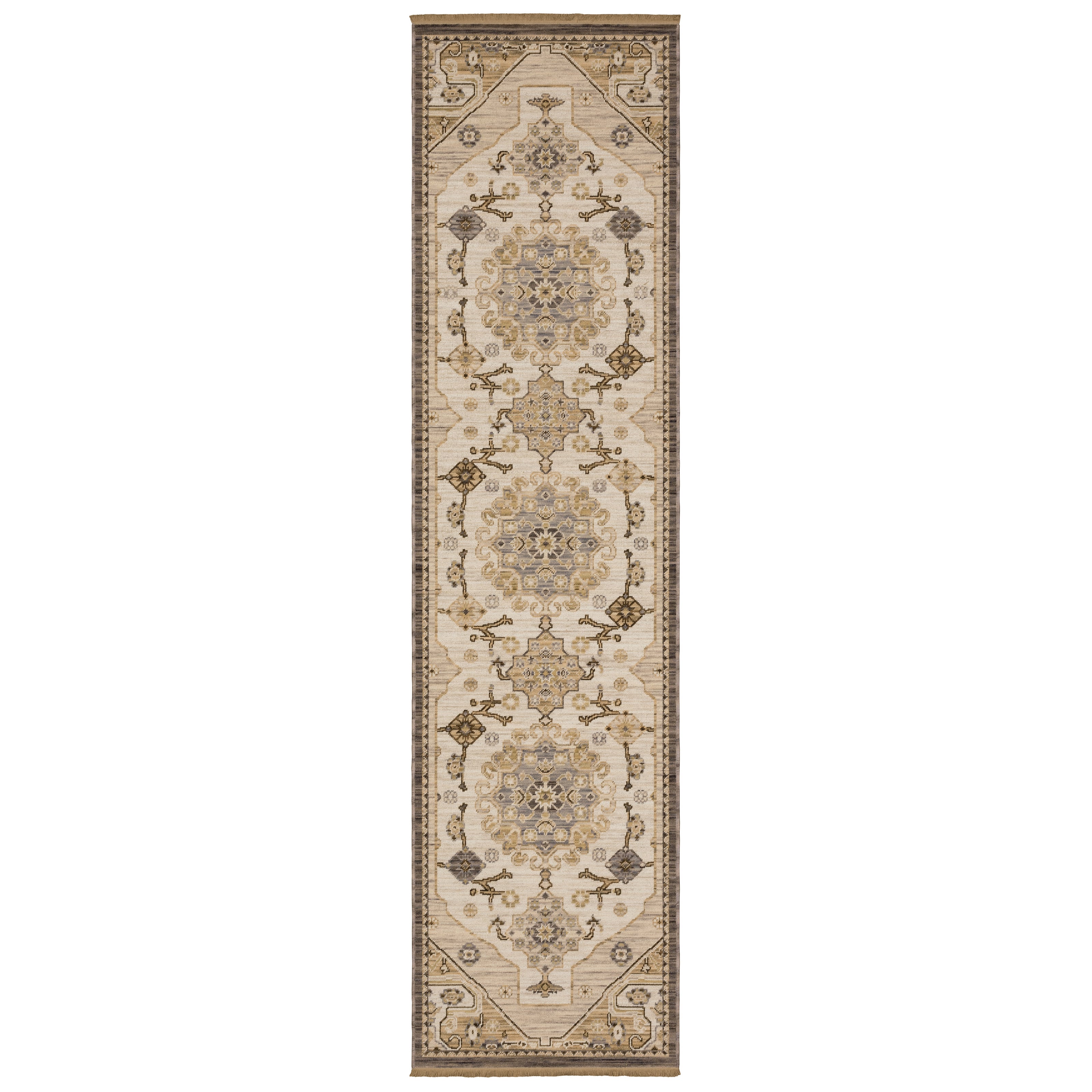 Acacia ACA03 Tan/Grey traditional area rug with earthy tan, grey, brown, gold, blue, clay, and green tones and cotton fringe.