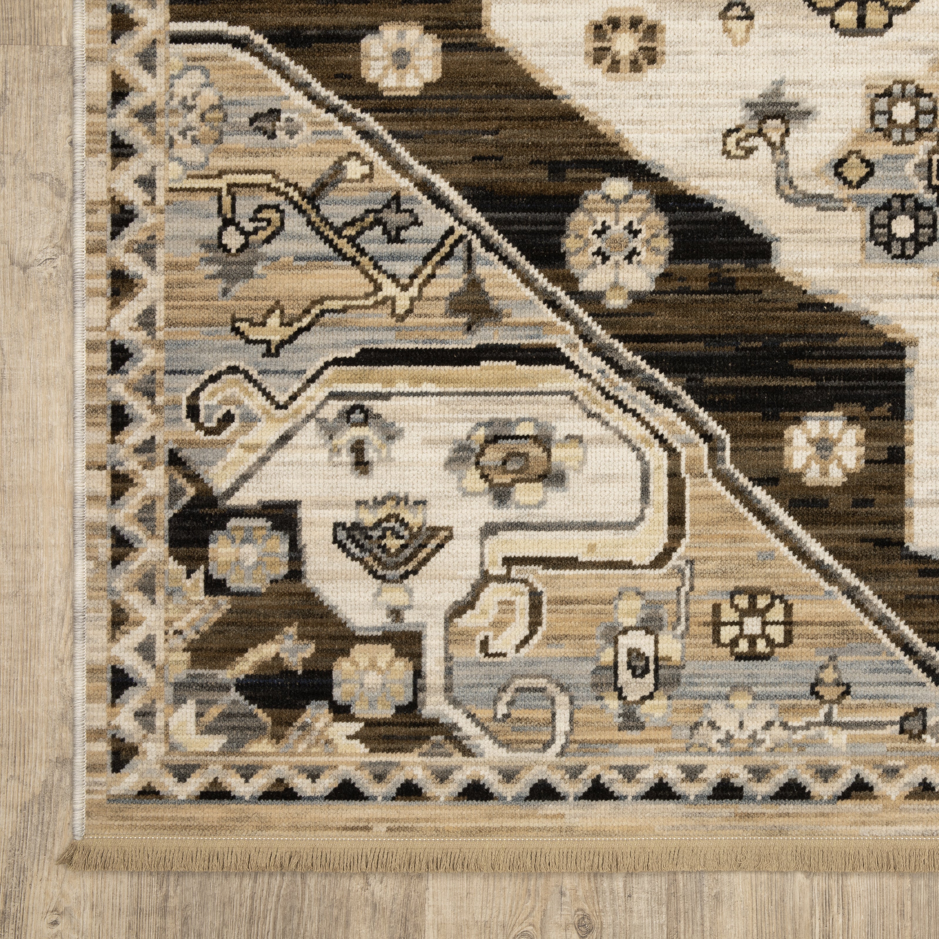 Acacia ACA04 Brown/Grey wool nylon area rug with classic pattern, saturated brown and grey tones, multicolor accents, and cotton fringe.