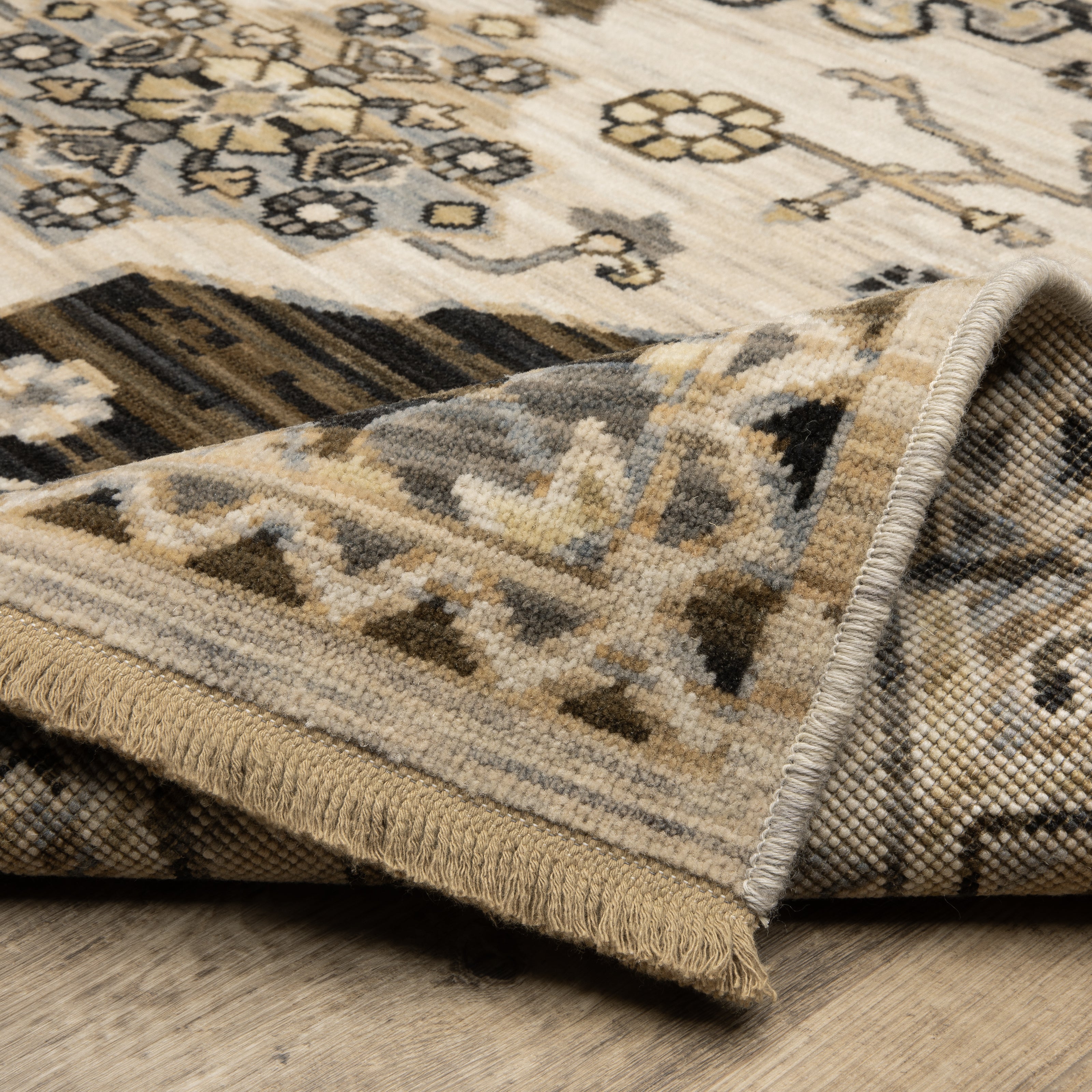 Acacia ACA04 Brown/Grey wool nylon area rug with classic pattern, saturated brown and grey tones, multicolor accents, and cotton fringe.