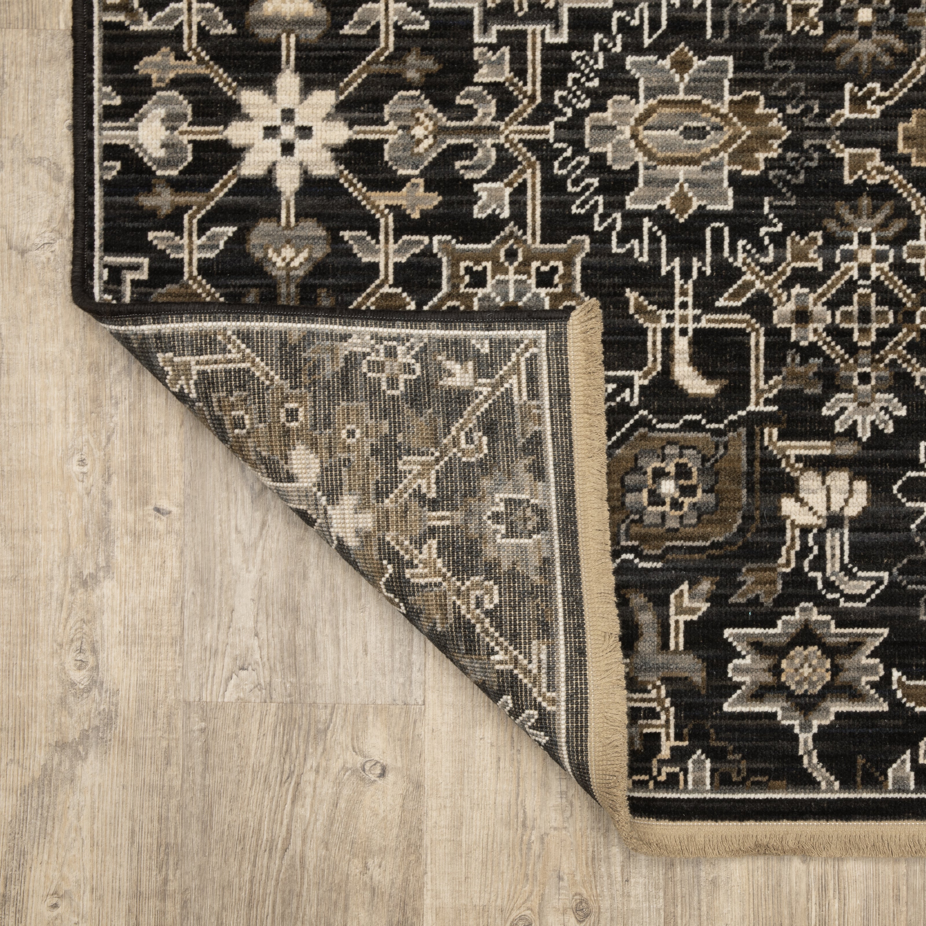 Acacia ACA05 Charcoal/Tan traditional area rug with deep charcoal, warm tan, multicolor accents, Axminster woven detail, and fringe.
