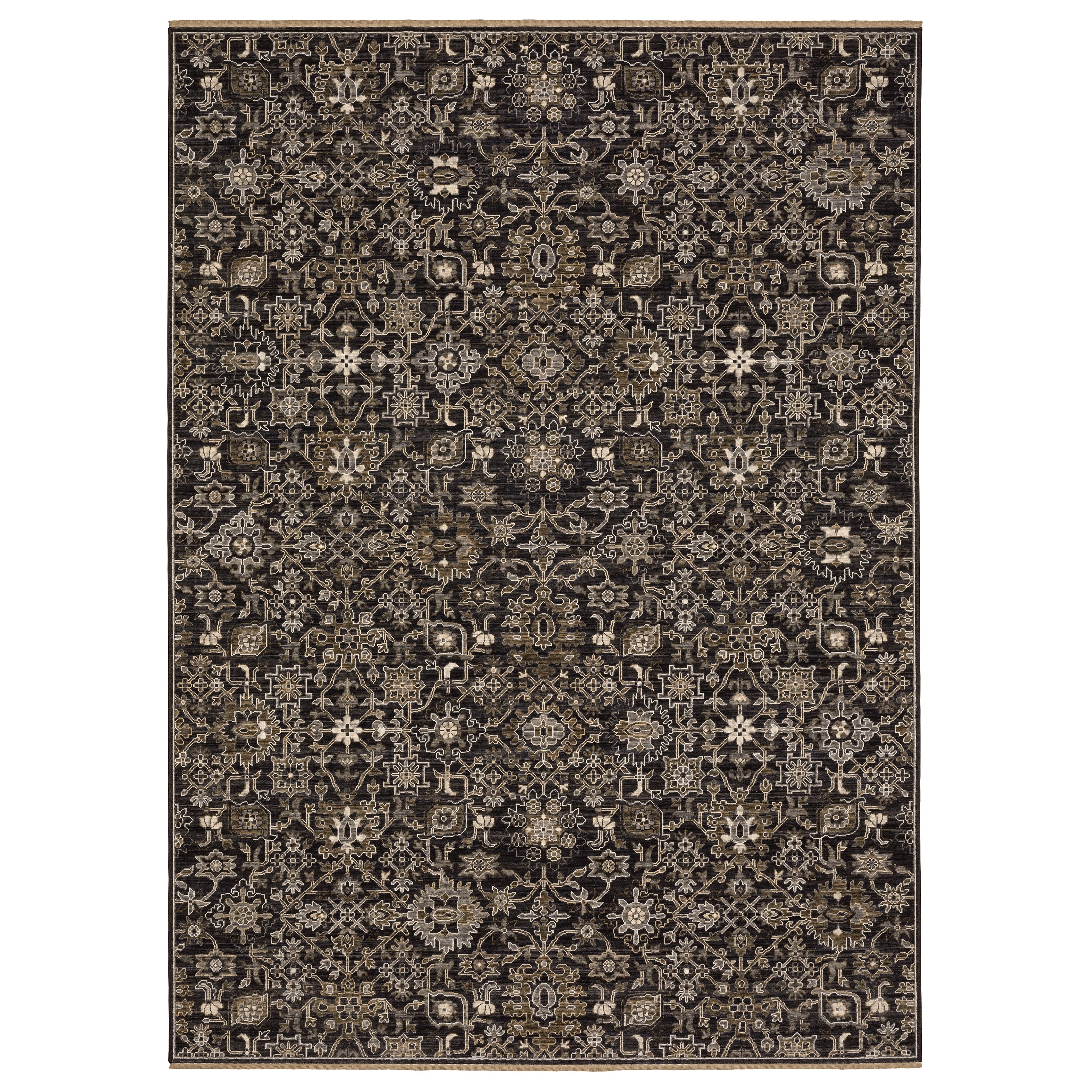 Acacia ACA05 Charcoal/Tan traditional area rug with deep charcoal, warm tan, multicolor accents, Axminster woven detail, and fringe.