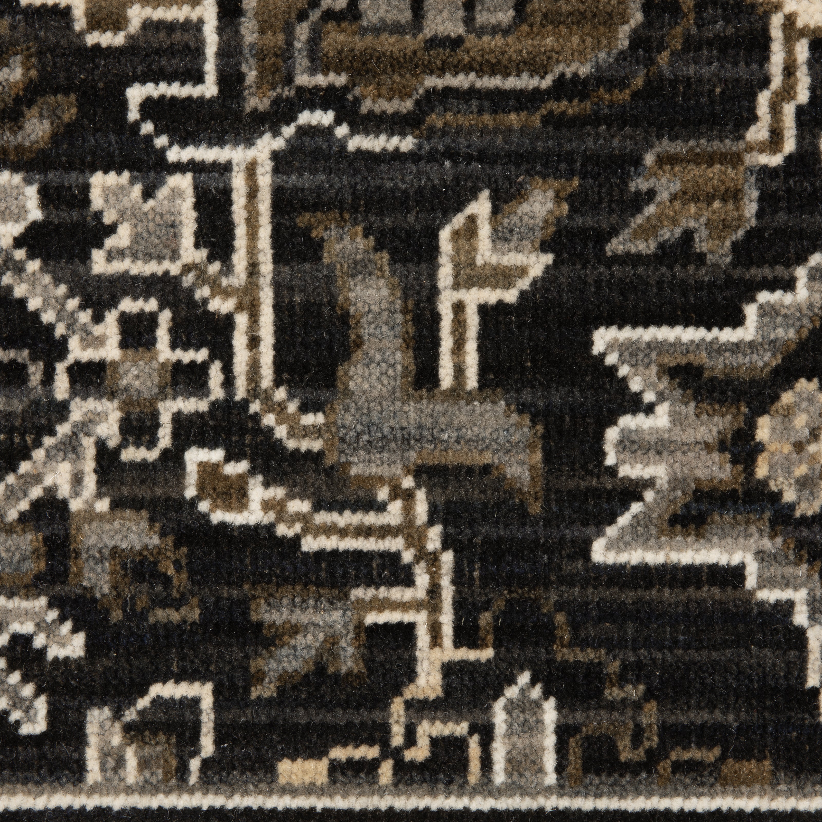Acacia ACA05 Charcoal/Tan traditional area rug with deep charcoal, warm tan, multicolor accents, Axminster woven detail, and fringe.