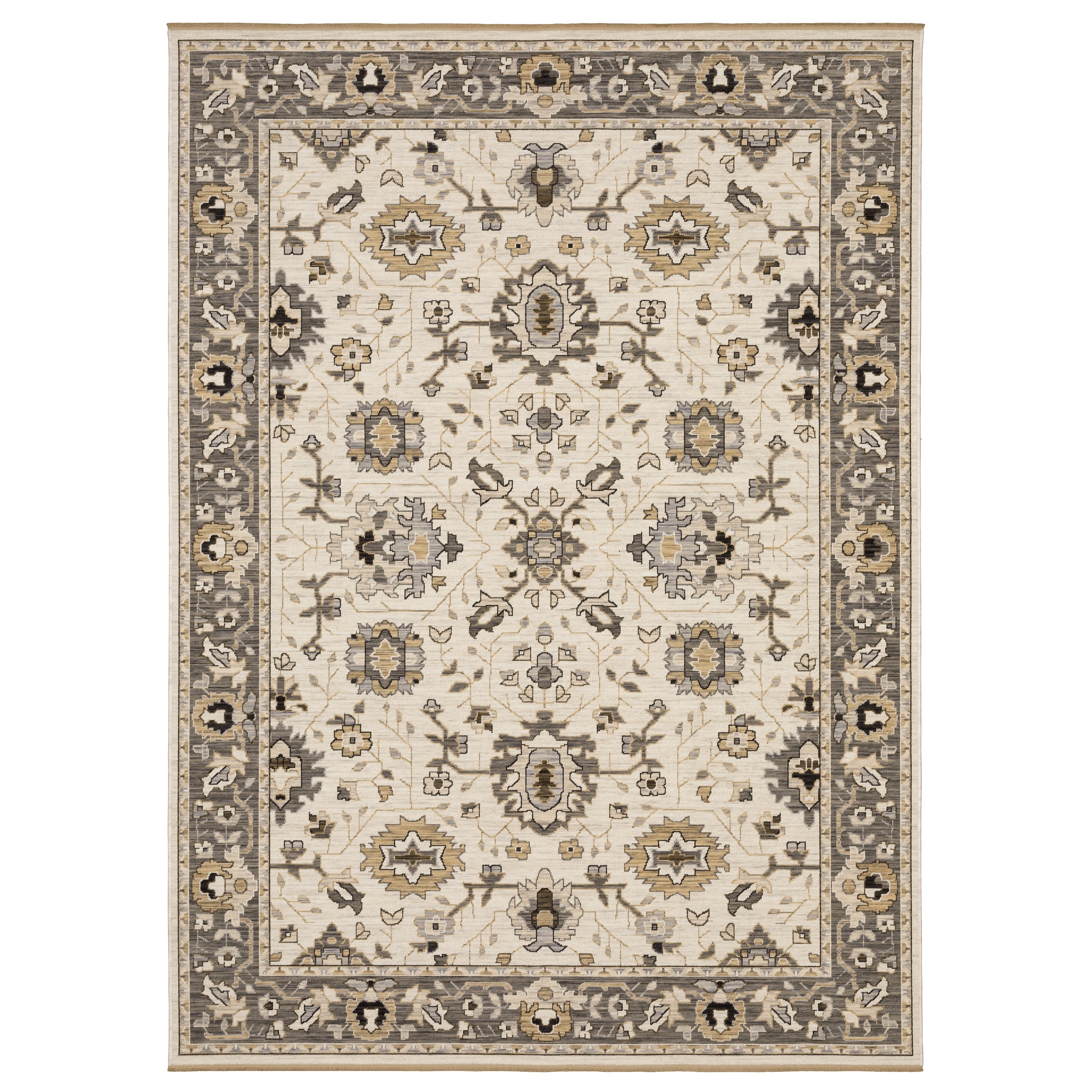 Acacia ACA06 Beige/Grey neutral area rug with traditional pattern, beige and grey tones, wool nylon texture, and cotton fringe.