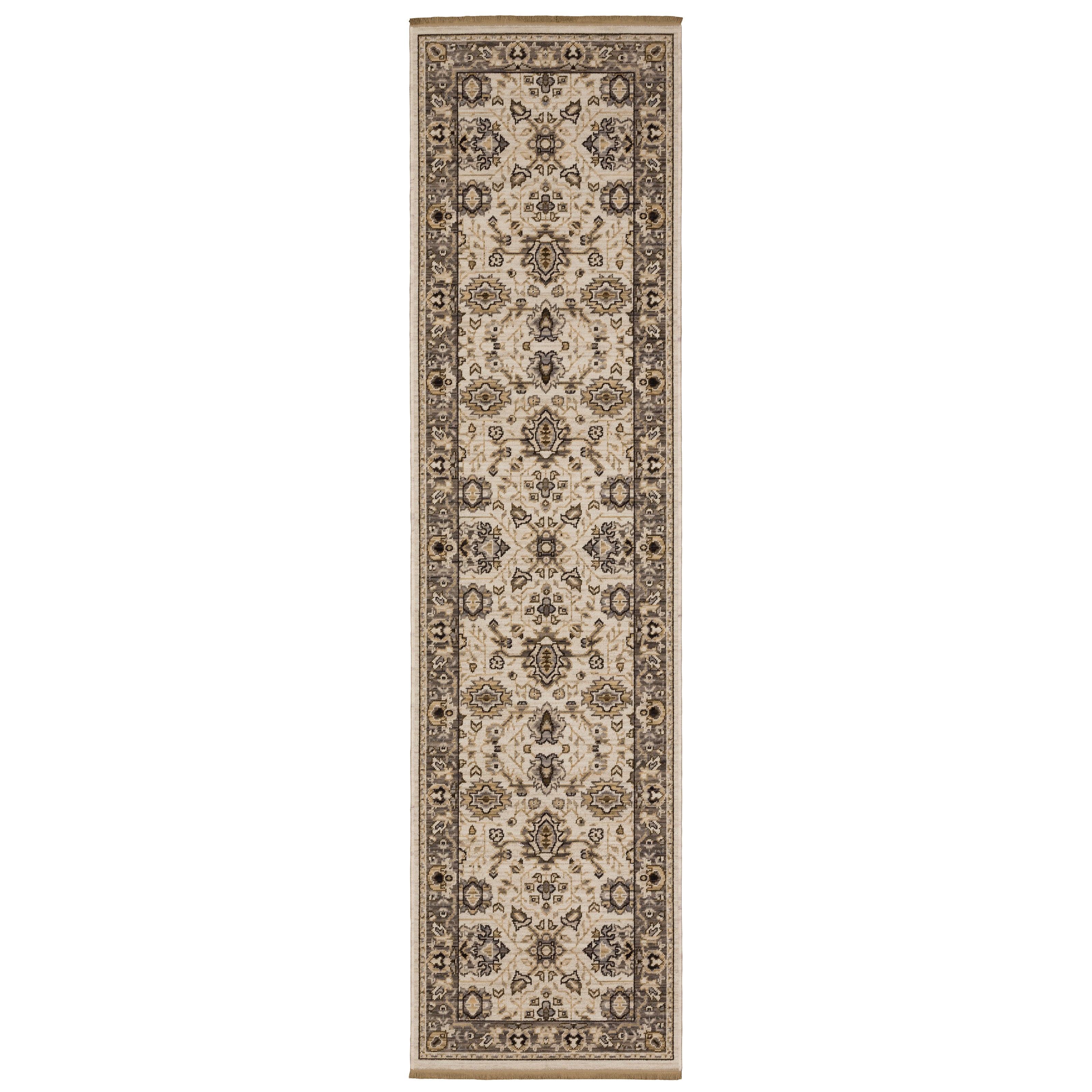 Acacia ACA06 Beige/Grey neutral area rug with traditional pattern, beige and grey tones, wool nylon texture, and cotton fringe.