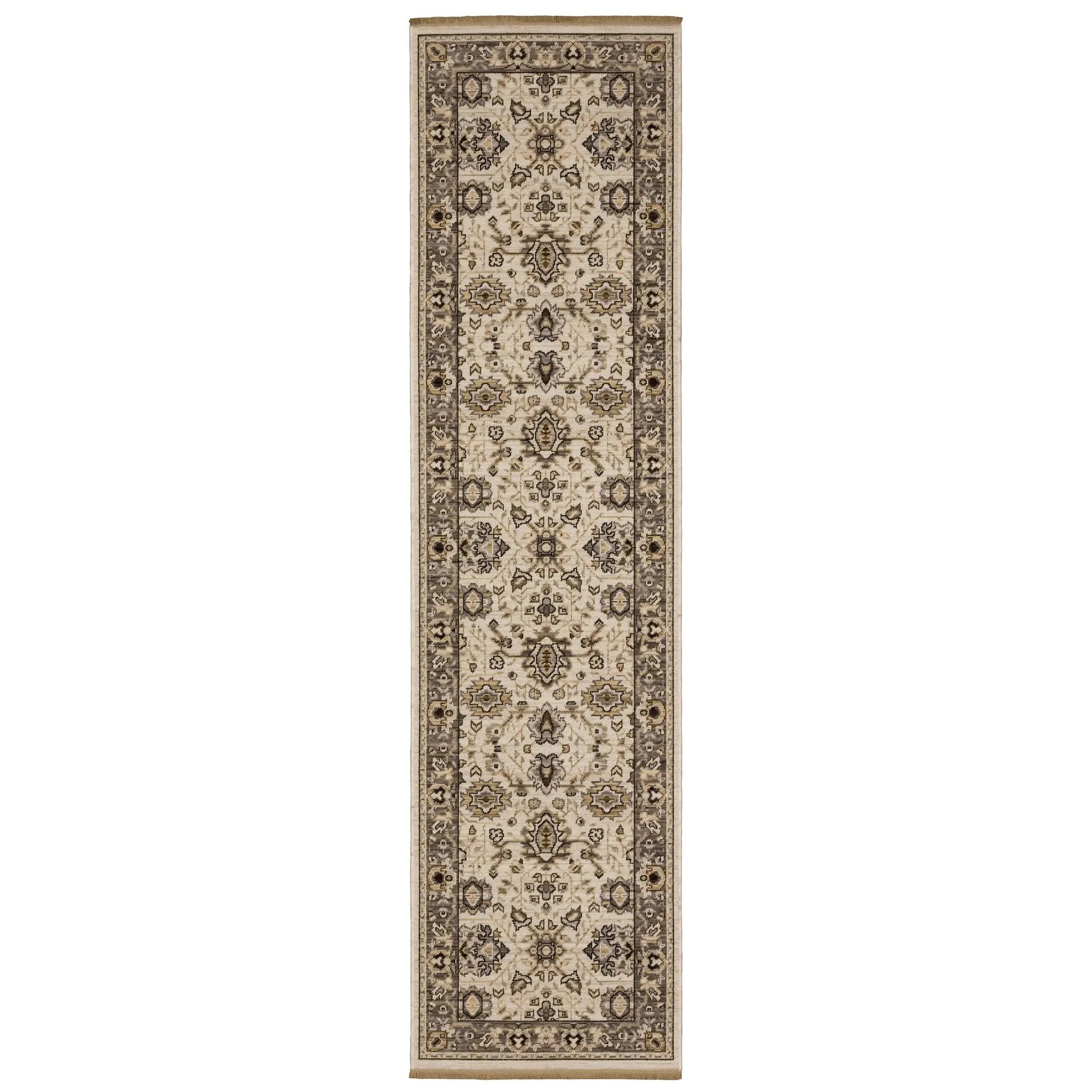 Acacia ACA06 Beige/Grey neutral area rug with traditional pattern, beige and grey tones, wool nylon texture, and cotton fringe.