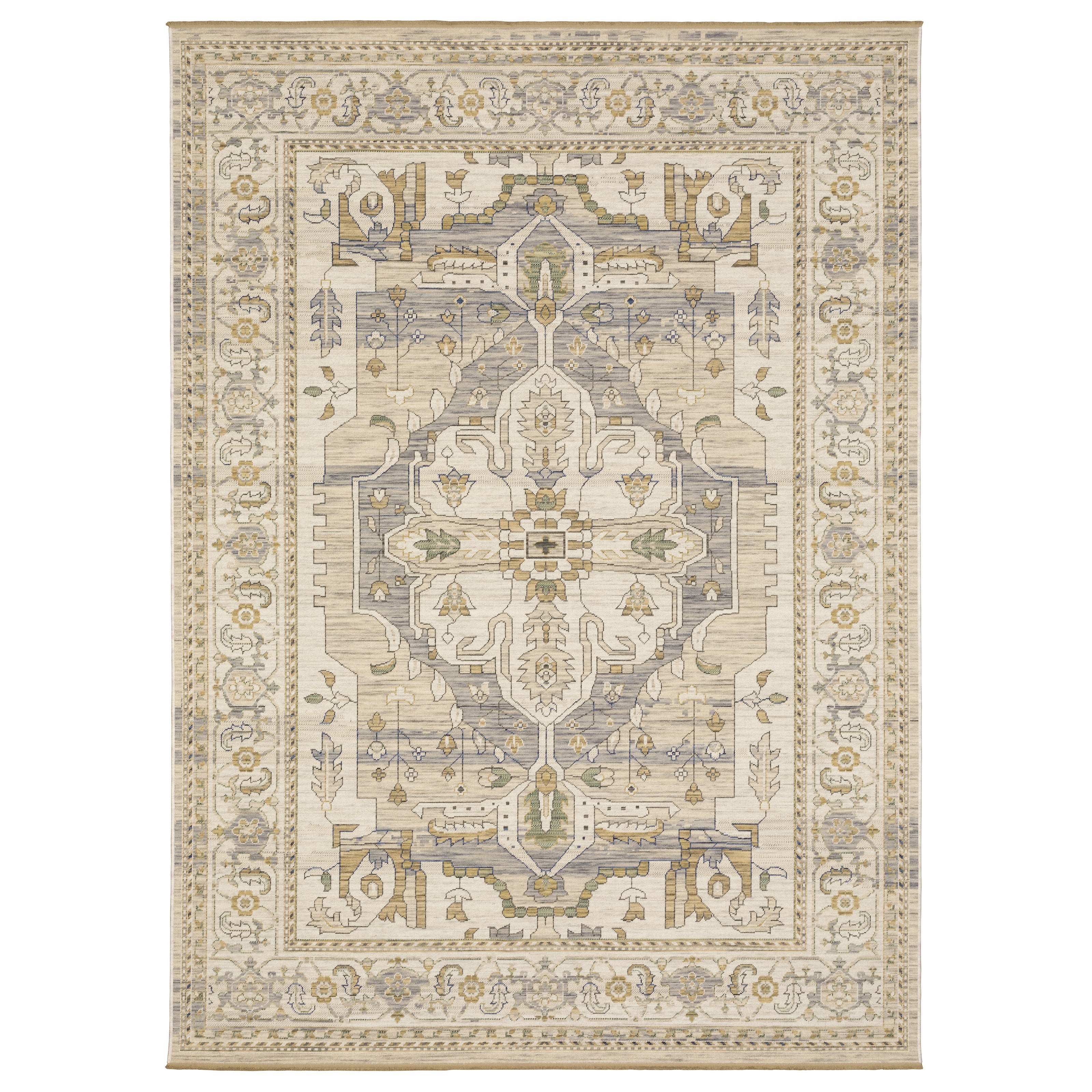 Acacia ACA07 Beige/Grey vintage-style area rug with soft neutral colors, traditional pattern detail, wool nylon texture, and cotton fringe.