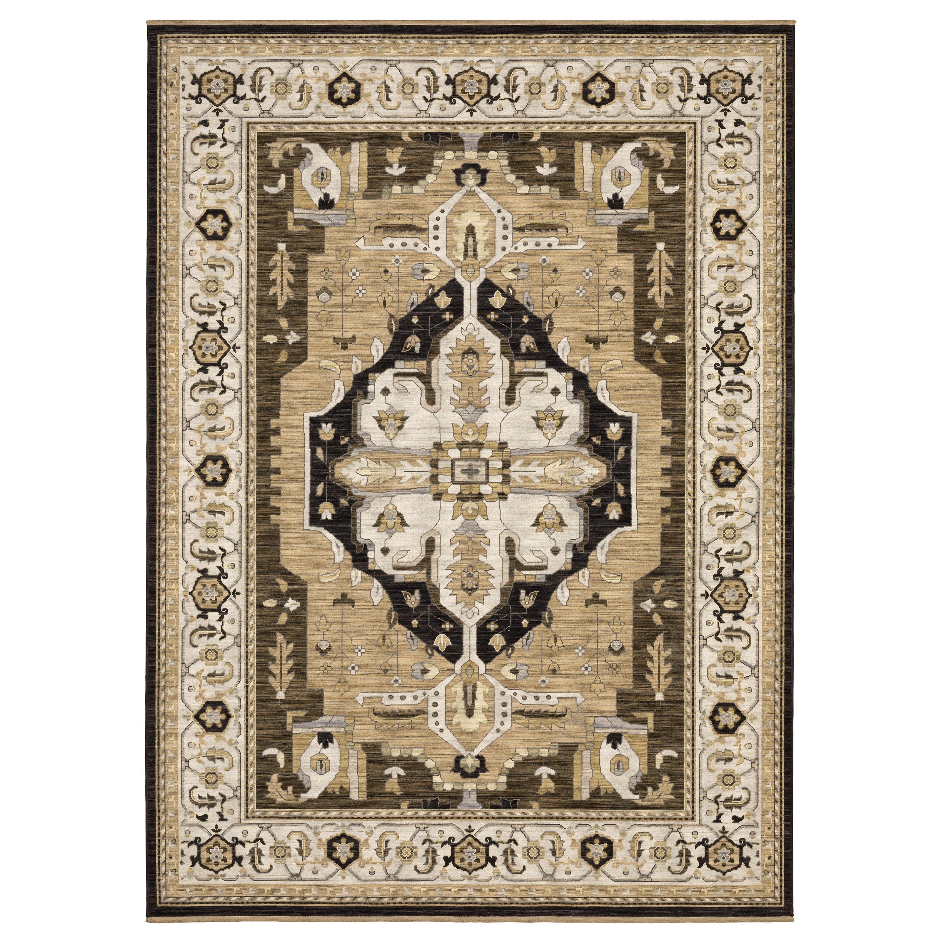 Acacia ACA08 Tan/Black traditional area rug with bold black contrast, warm tan ground, earthy accent colors, and incorporated cotton fringe.