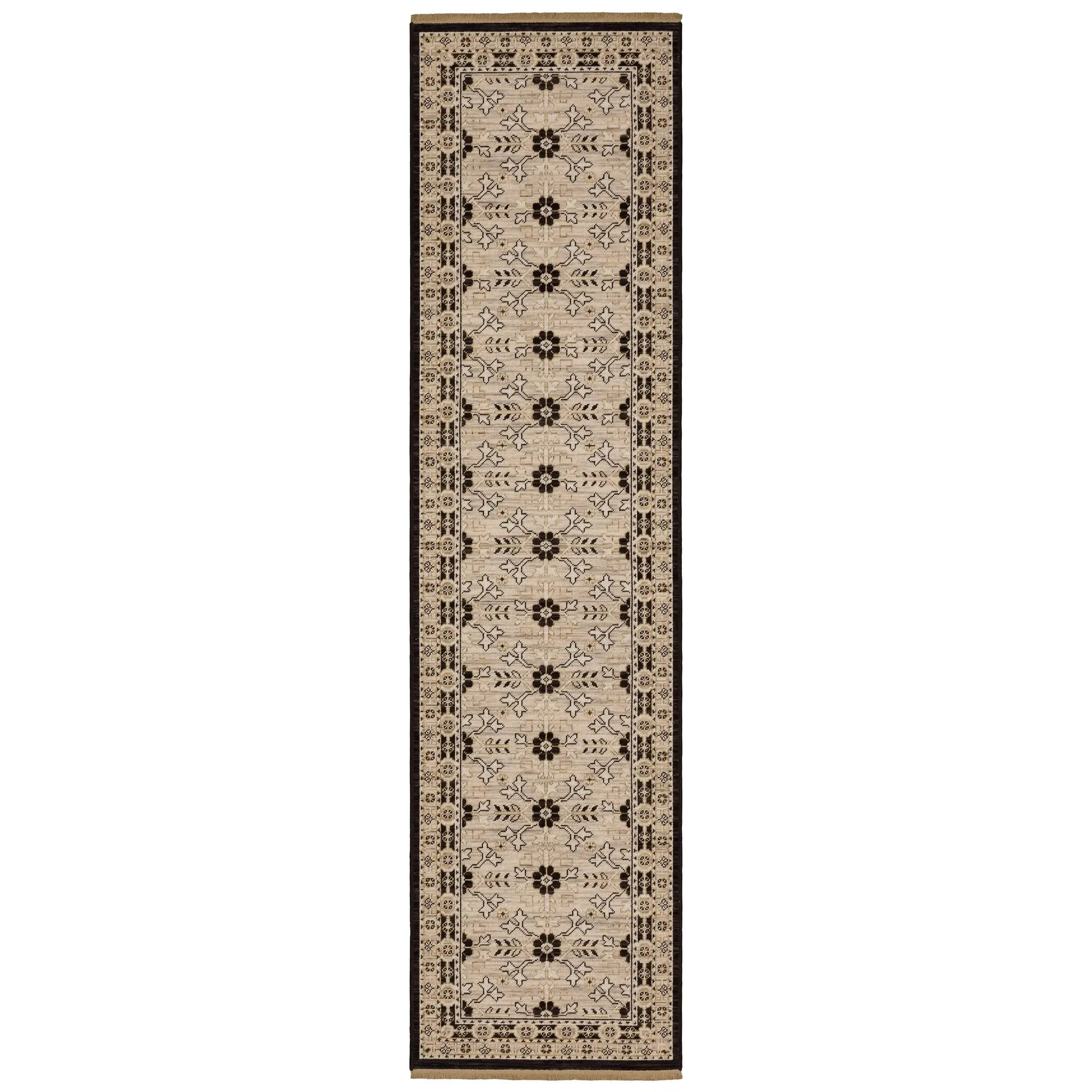 Acacia ACA09 Beige/Black statement area rug with classic pattern, beige and black contrast, earthy accent colors, and cotton fringe.