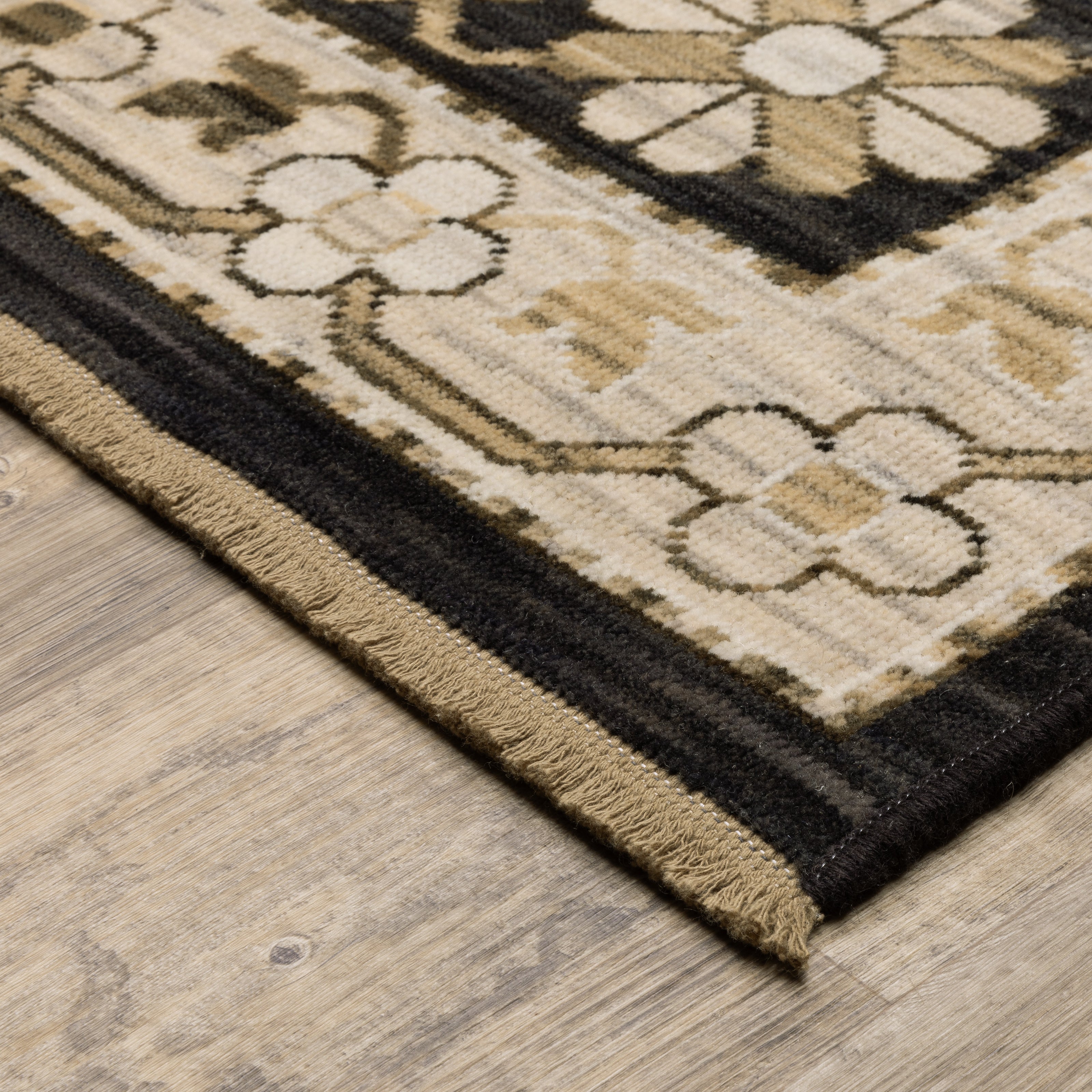 Acacia ACA10 Black/Beige traditional area rug with dramatic black and beige palette, multicolor accents, wool nylon texture, and fringe.