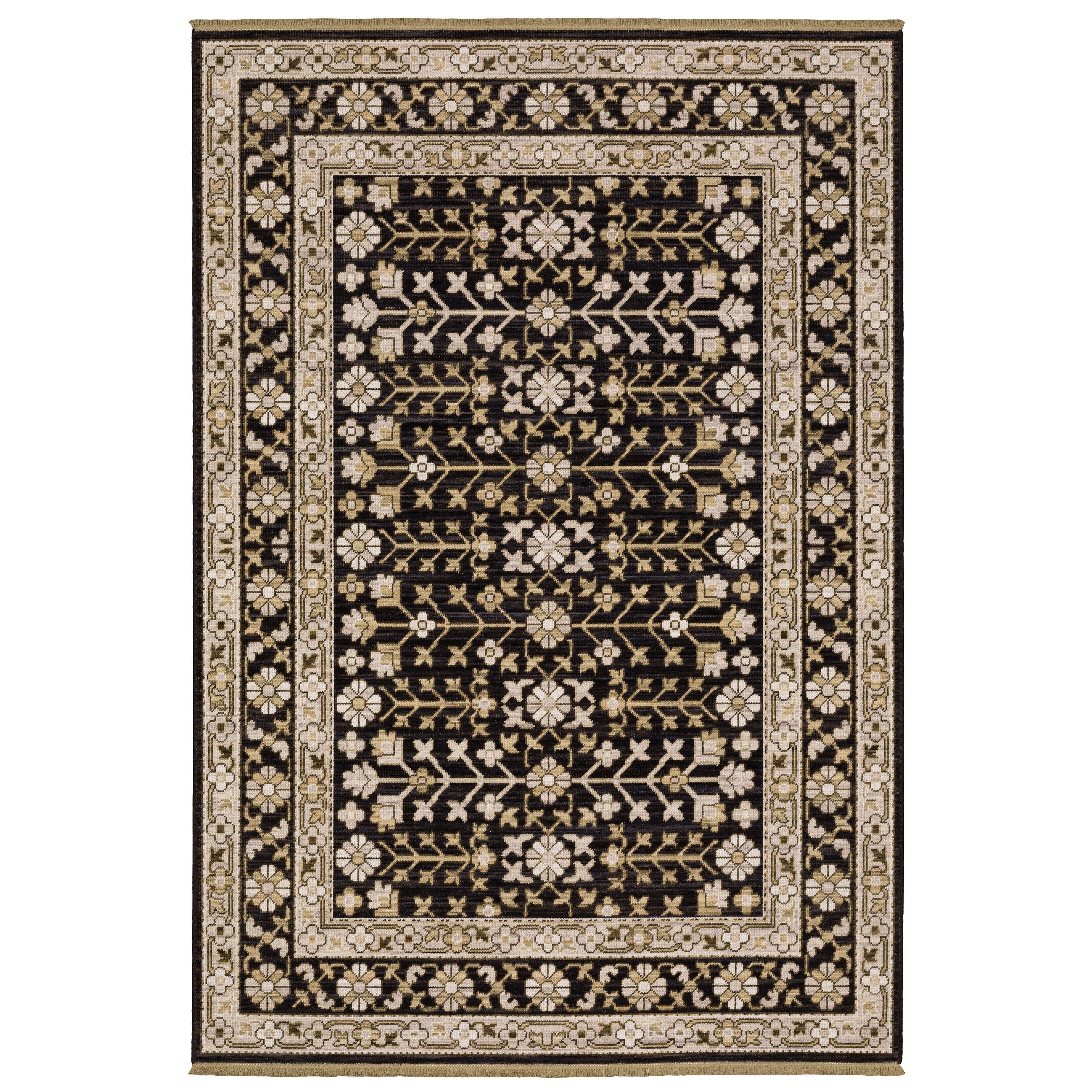 Acacia ACA10 Black/Beige traditional area rug with dramatic black and beige palette, multicolor accents, wool nylon texture, and fringe.