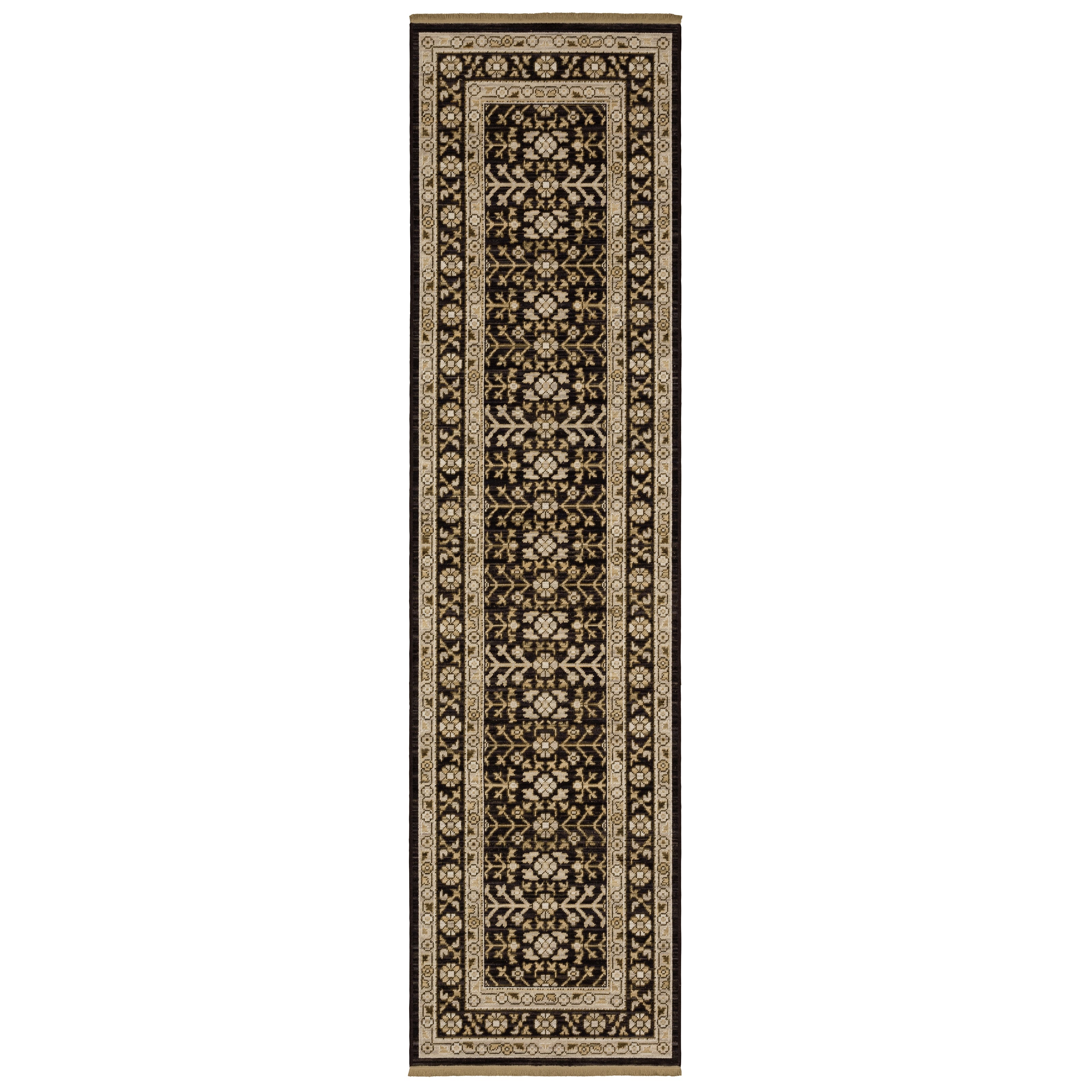 Acacia ACA10 Black/Beige traditional area rug with dramatic black and beige palette, multicolor accents, wool nylon texture, and fringe.